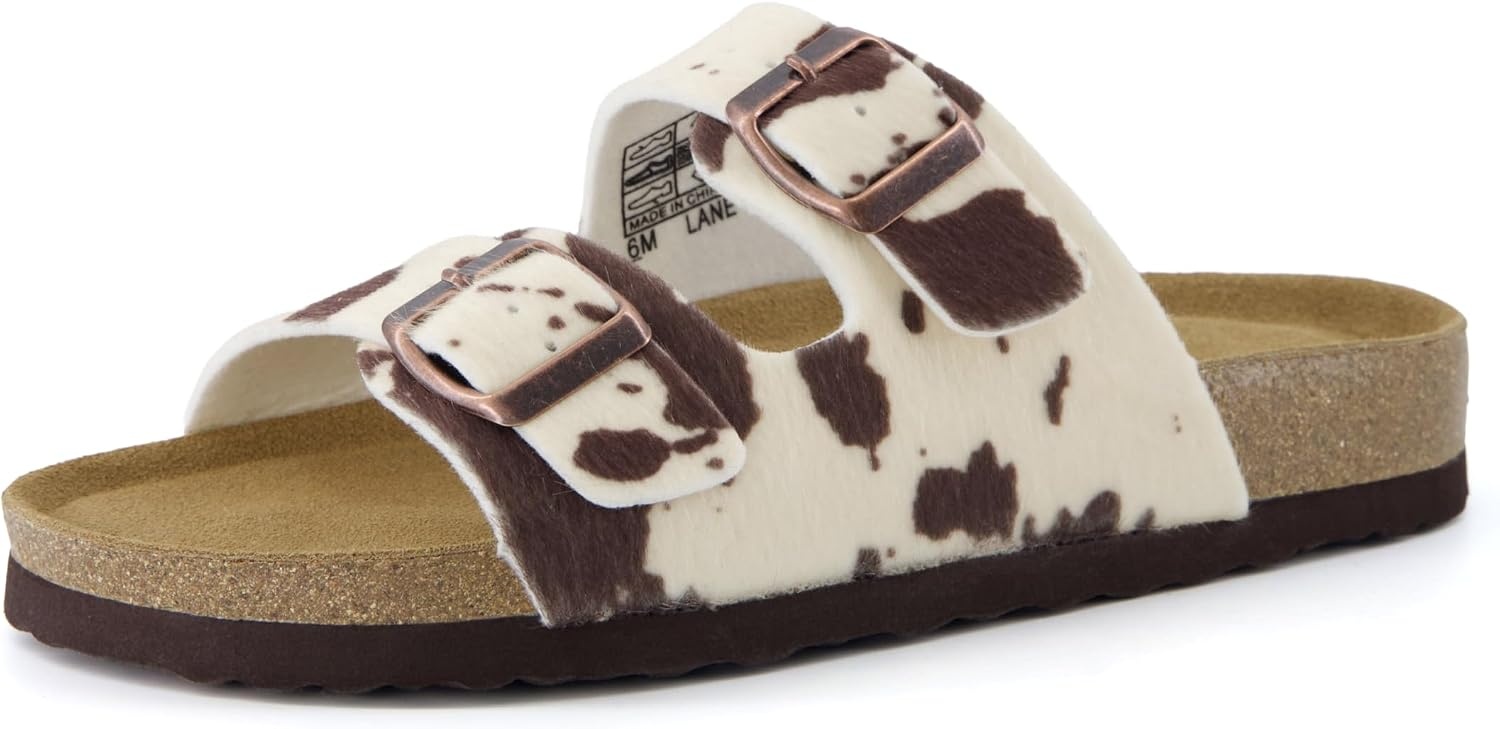 image:imageCUSHIONAIRE Lane Cork Footbed Womens Sandals Comfortable Double Buckle Slip On Sandals for Women with Arch Support and Classic Two Strap DesignBrown Cow