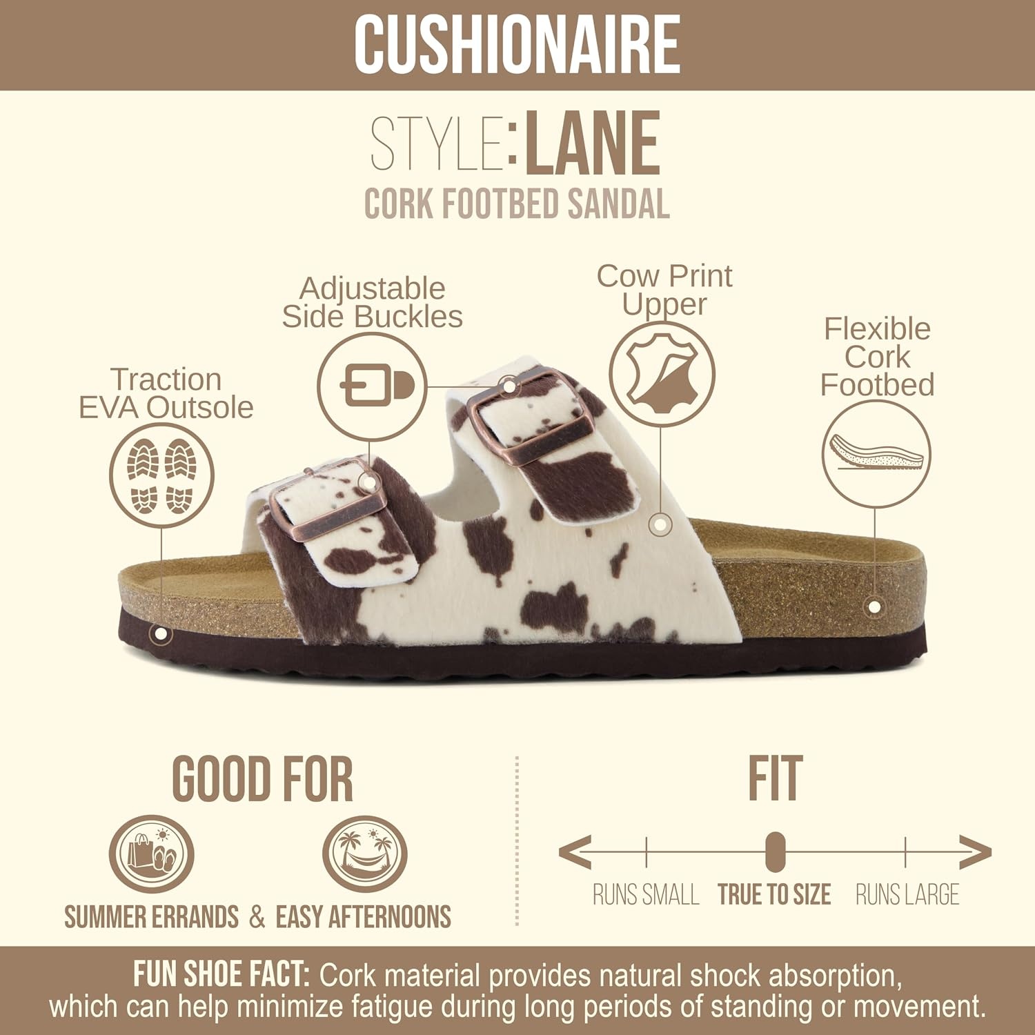 image:imageCUSHIONAIRE Lane Cork Footbed Womens Sandals Comfortable Double Buckle Slip On Sandals for Women with Arch Support and Classic Two Strap DesignBrown Cow