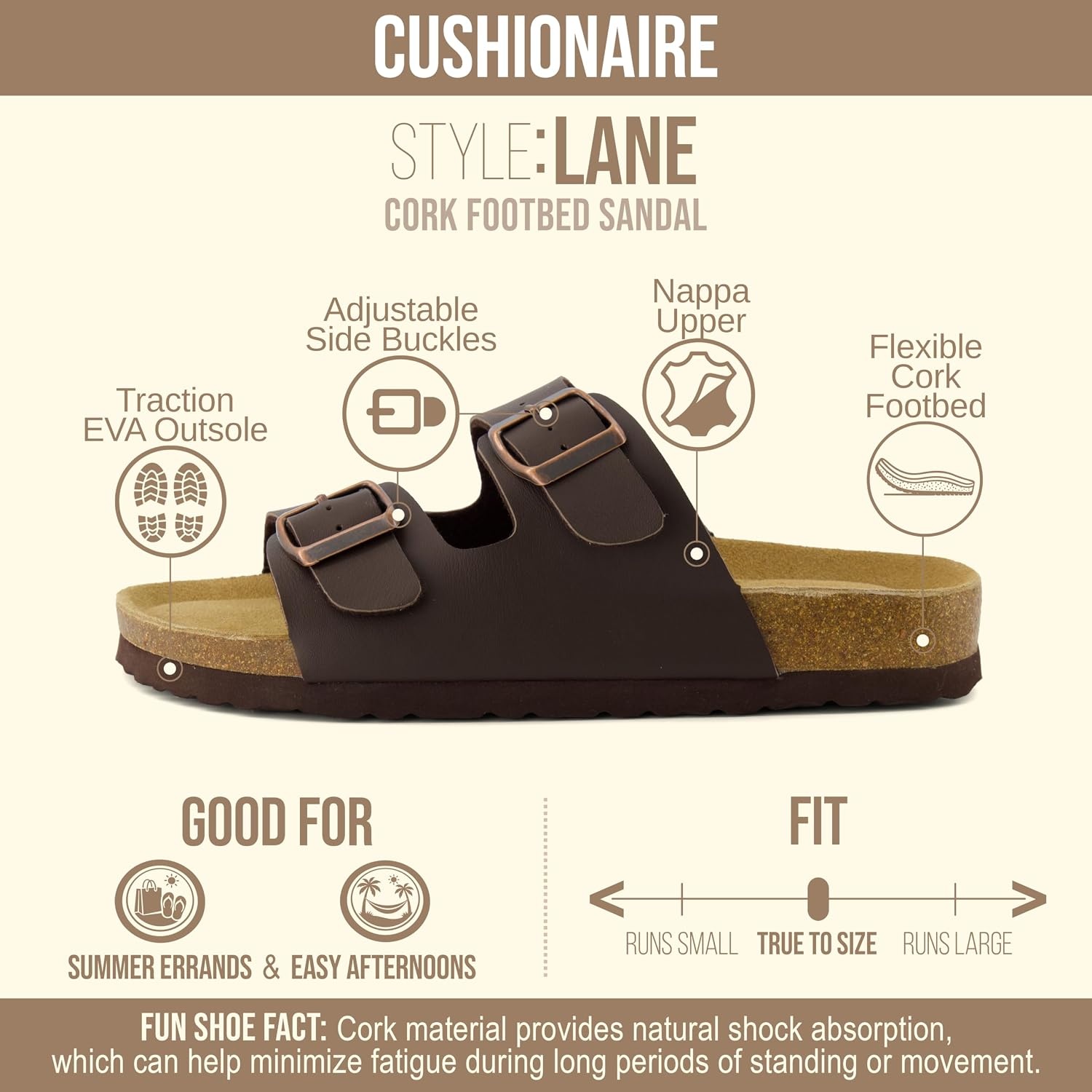 image:imageCUSHIONAIRE Lane Cork Footbed Womens Sandals Comfortable Double Buckle Slip On Sandals for Women with Arch Support and Classic Two Strap DesignBrown Nappa