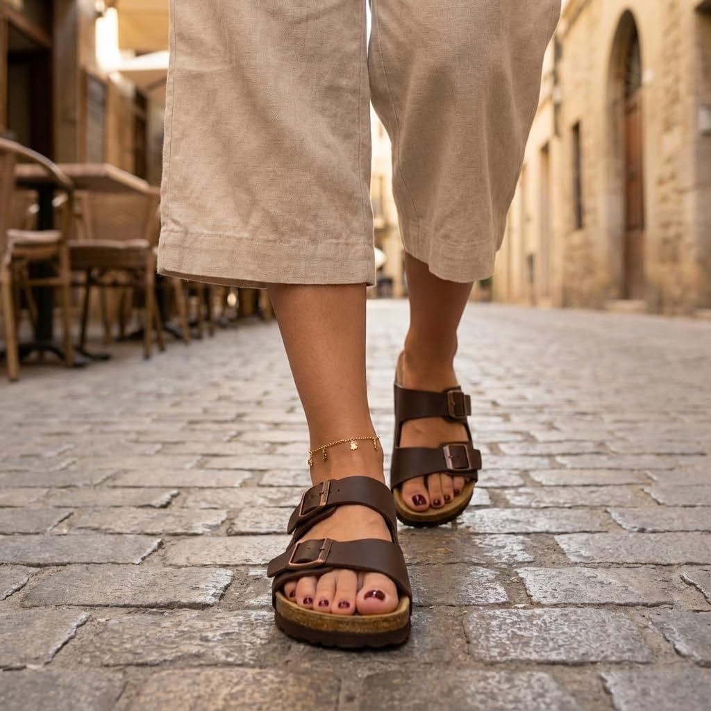 image:imageCUSHIONAIRE Lane Cork Footbed Womens Sandals Comfortable Double Buckle Slip On Sandals for Women with Arch Support and Classic Two Strap DesignBrown Nappa