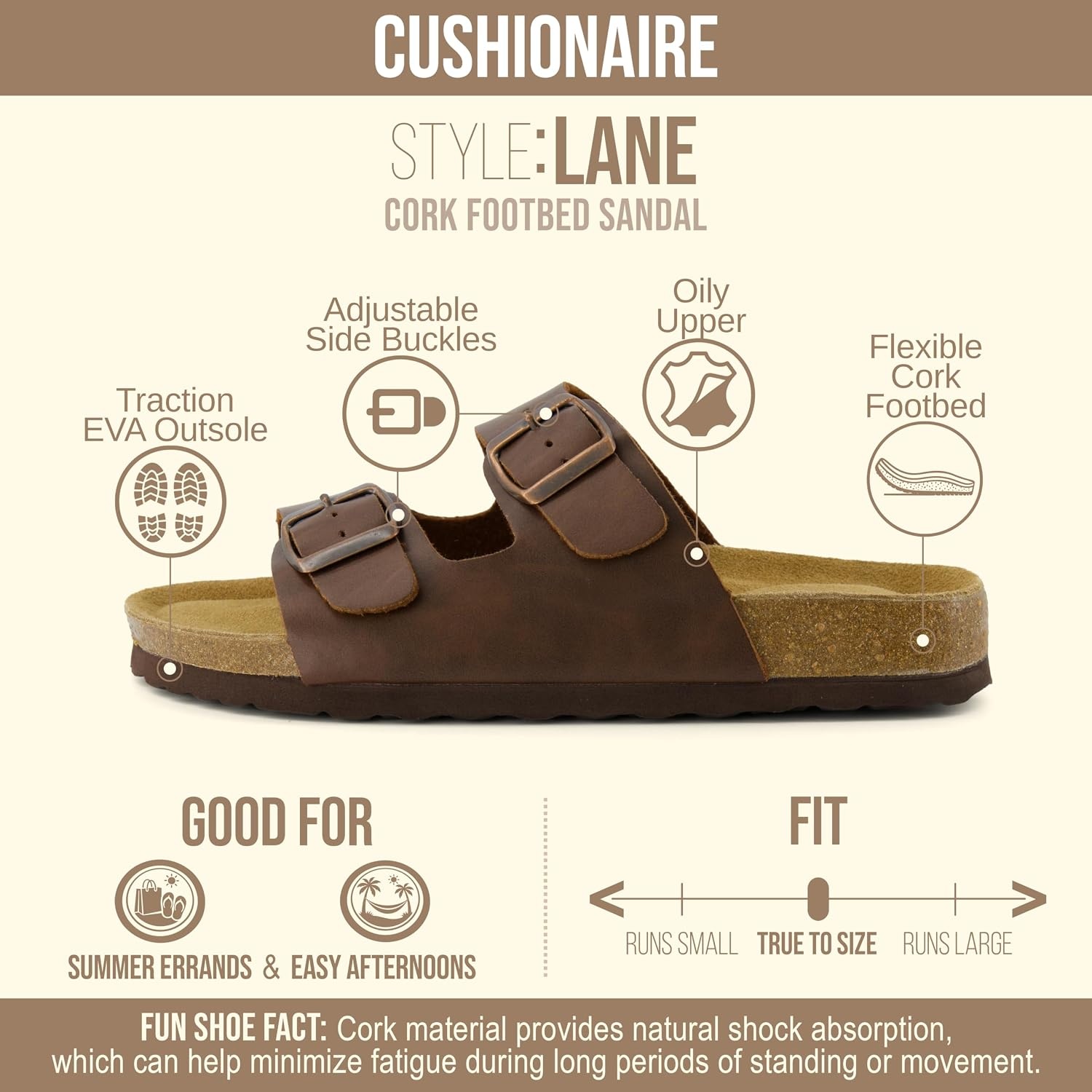 image:imageCUSHIONAIRE Lane Cork Footbed Womens Sandals Comfortable Double Buckle Slip On Sandals for Women with Arch Support and Classic Two Strap DesignBrown Oily