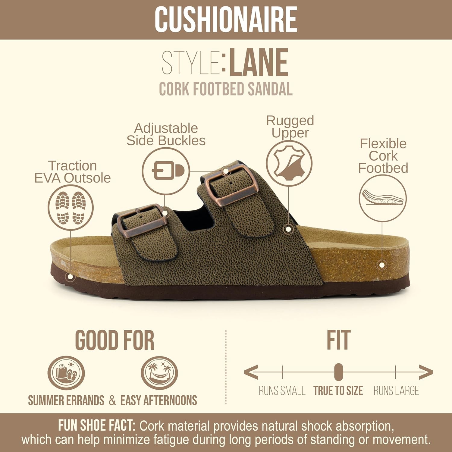 image:imageCUSHIONAIRE Lane Cork Footbed Womens Sandals Comfortable Double Buckle Slip On Sandals for Women with Arch Support and Classic Two Strap DesignBrown Rugged