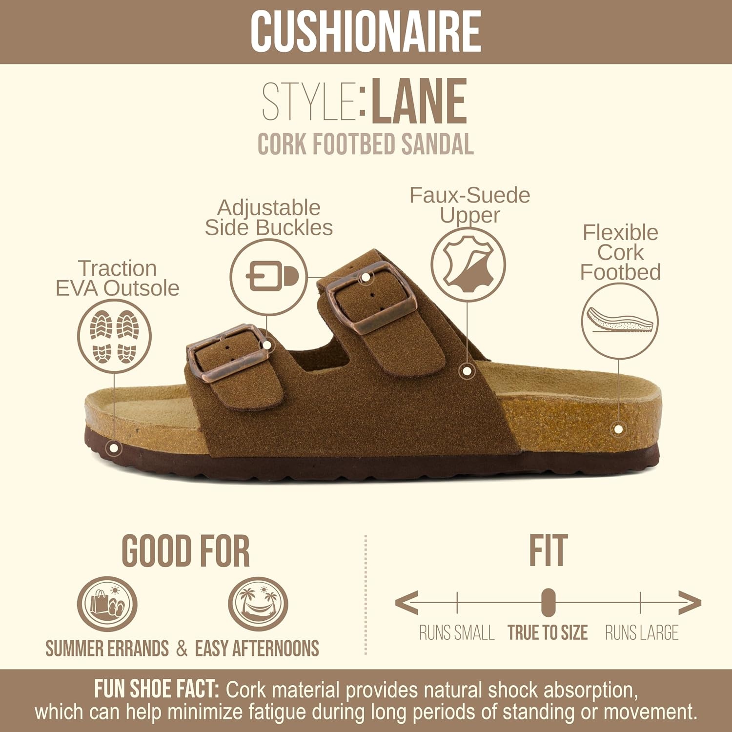 image:imageCUSHIONAIRE Lane Cork Footbed Womens Sandals Comfortable Double Buckle Slip On Sandals for Women with Arch Support and Classic Two Strap DesignBrown Vegan Suede