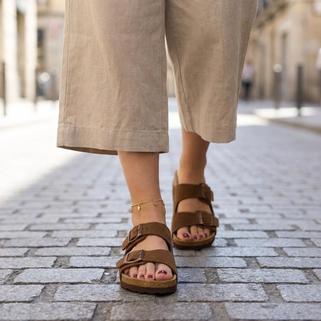 image:imageCUSHIONAIRE Lane Cork Footbed Womens Sandals Comfortable Double Buckle Slip On Sandals for Women with Arch Support and Classic Two Strap DesignBrown Vegan Suede