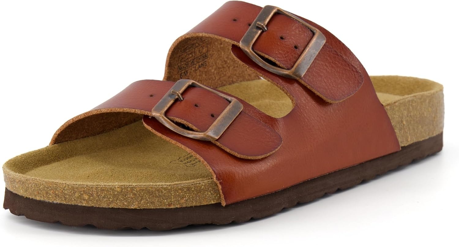 image:imageCUSHIONAIRE Lane Cork Footbed Womens Sandals Comfortable Double Buckle Slip On Sandals for Women with Arch Support and Classic Two Strap DesignCognac