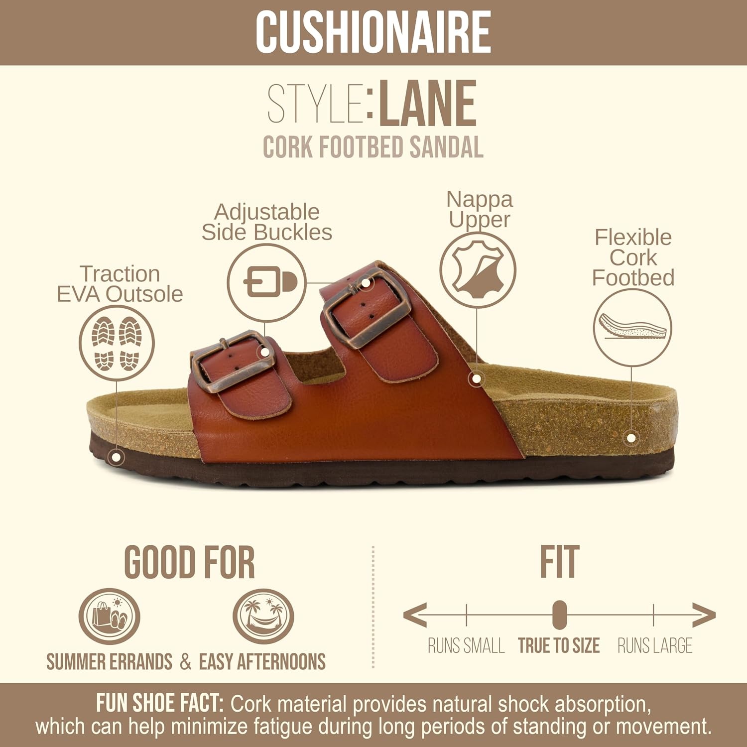 image:imageCUSHIONAIRE Lane Cork Footbed Womens Sandals Comfortable Double Buckle Slip On Sandals for Women with Arch Support and Classic Two Strap DesignCognac