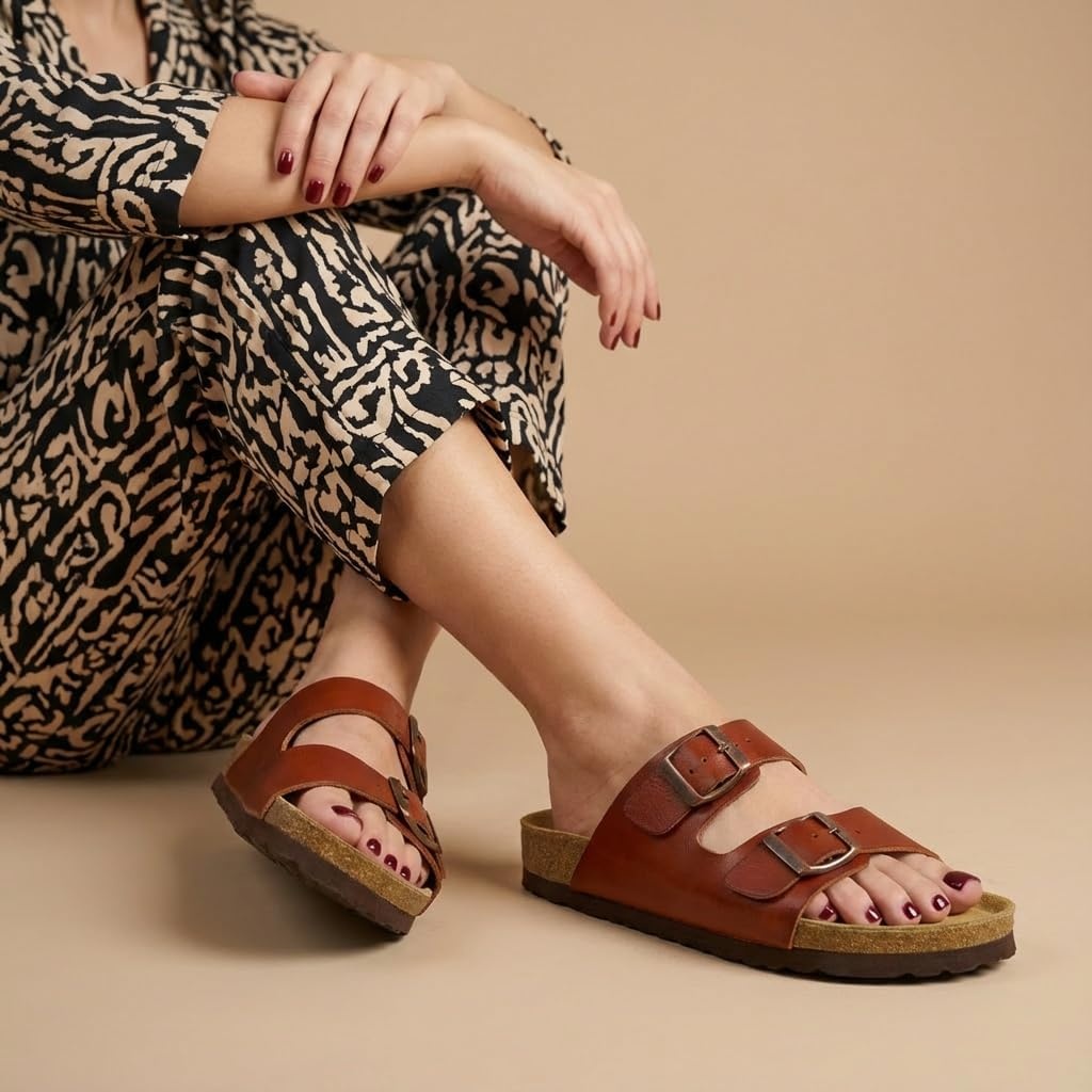 image:imageCUSHIONAIRE Lane Cork Footbed Womens Sandals Comfortable Double Buckle Slip On Sandals for Women with Arch Support and Classic Two Strap DesignCognac