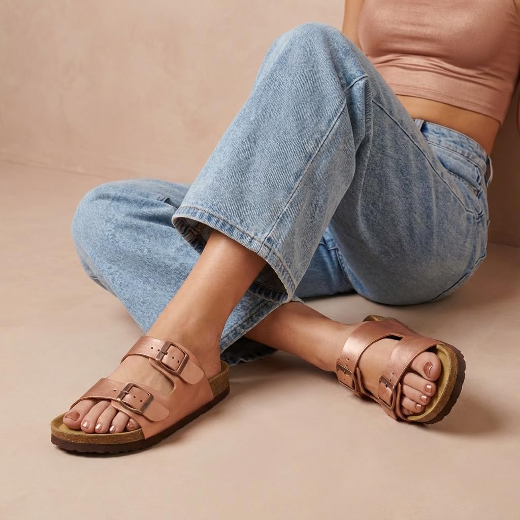 image:imageCUSHIONAIRE Lane Cork Footbed Womens Sandals Comfortable Double Buckle Slip On Sandals for Women with Arch Support and Classic Two Strap DesignGold Rose
