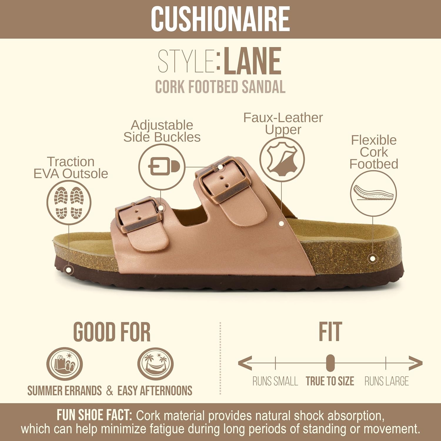 image:imageCUSHIONAIRE Lane Cork Footbed Womens Sandals Comfortable Double Buckle Slip On Sandals for Women with Arch Support and Classic Two Strap DesignGold Rose