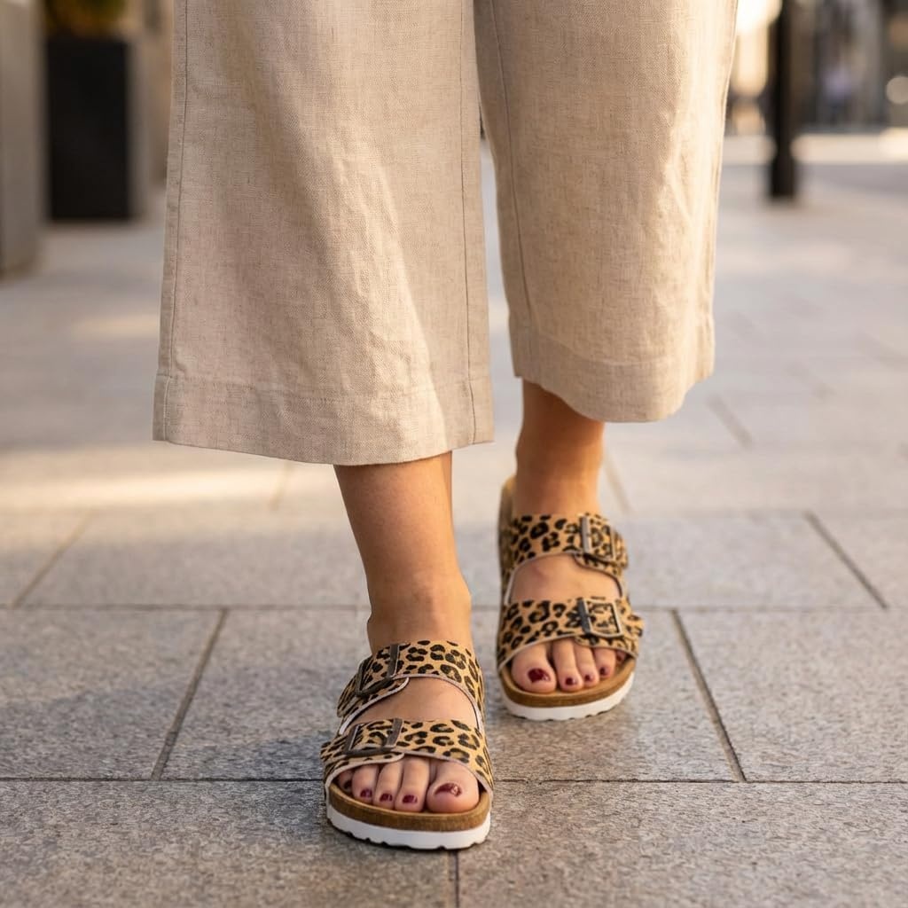 image:imageCUSHIONAIRE Lane Cork Footbed Womens Sandals Comfortable Double Buckle Slip On Sandals for Women with Arch Support and Classic Two Strap DesignLeopard