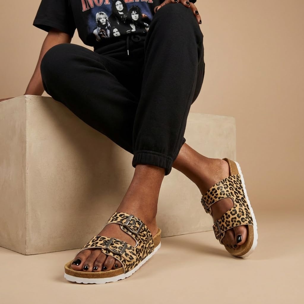 image:imageCUSHIONAIRE Lane Cork Footbed Womens Sandals Comfortable Double Buckle Slip On Sandals for Women with Arch Support and Classic Two Strap DesignLeopard