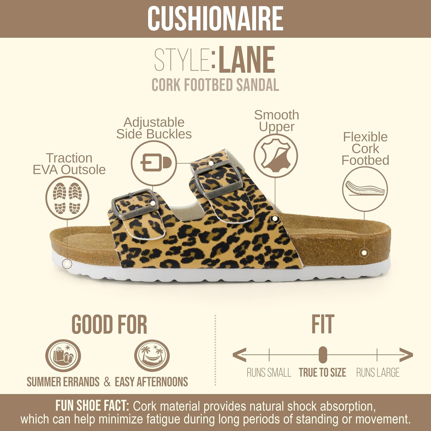 image:imageCUSHIONAIRE Lane Cork Footbed Womens Sandals Comfortable Double Buckle Slip On Sandals for Women with Arch Support and Classic Two Strap DesignLeopard
