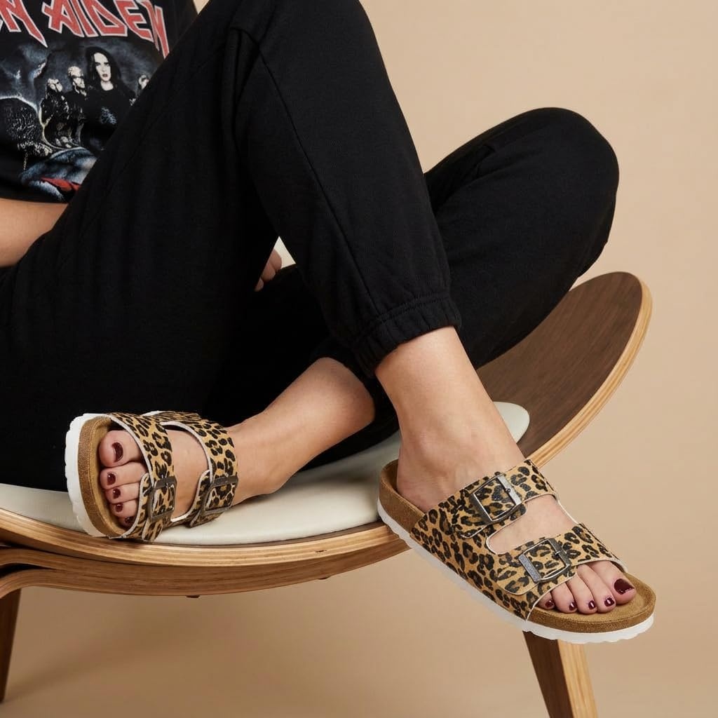 image:imageCUSHIONAIRE Lane Cork Footbed Womens Sandals Comfortable Double Buckle Slip On Sandals for Women with Arch Support and Classic Two Strap DesignLeopard