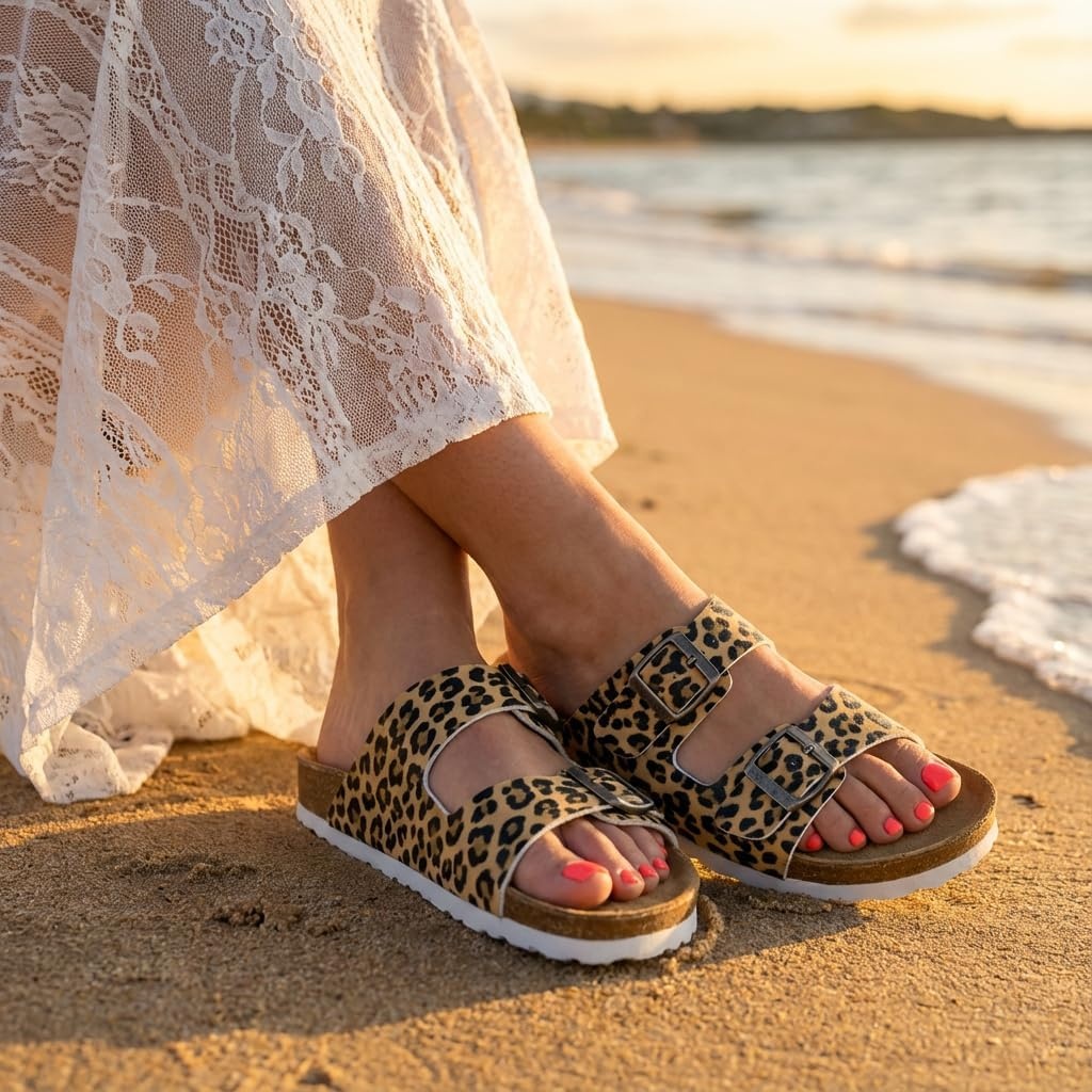 image:imageCUSHIONAIRE Lane Cork Footbed Womens Sandals Comfortable Double Buckle Slip On Sandals for Women with Arch Support and Classic Two Strap DesignLeopard