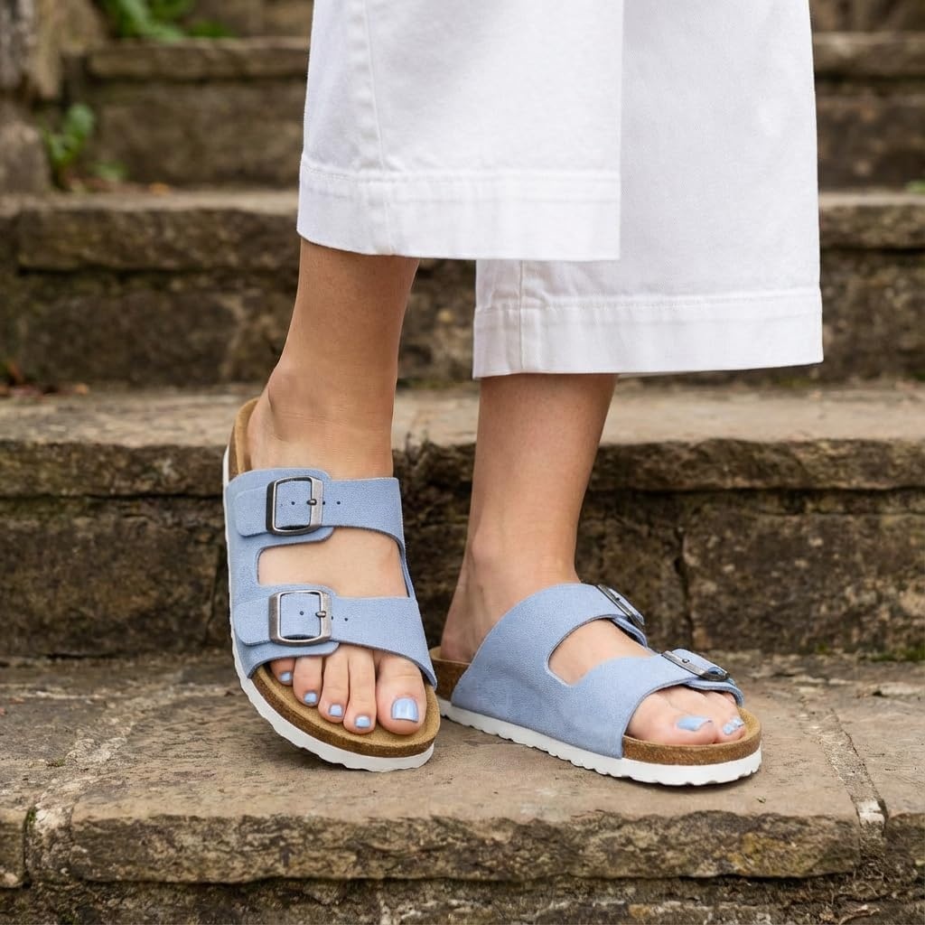 image:imageCUSHIONAIRE Lane Cork Footbed Womens Sandals Comfortable Double Buckle Slip On Sandals for Women with Arch Support and Classic Two Strap DesignLt Blue Vegan Suede