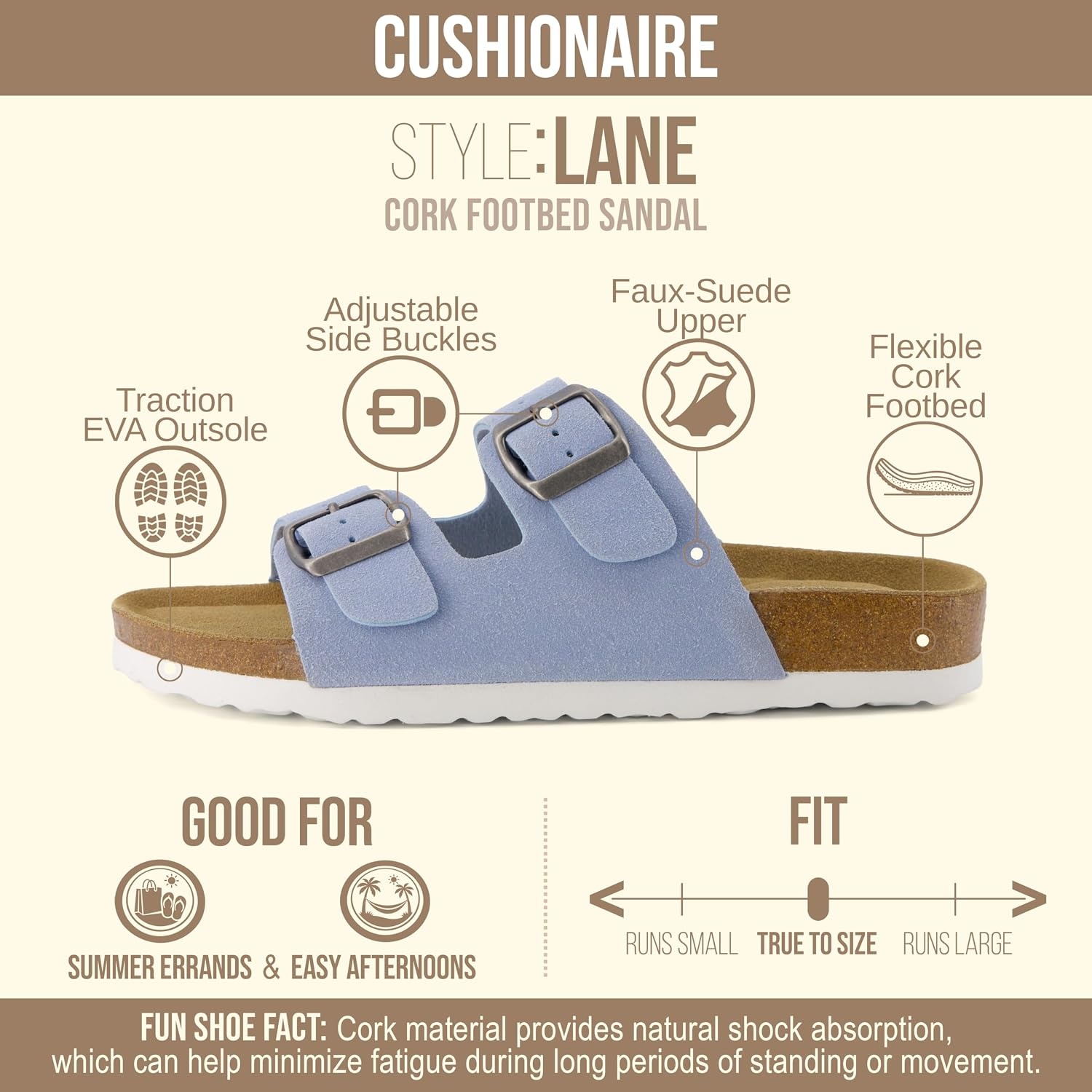 image:imageCUSHIONAIRE Lane Cork Footbed Womens Sandals Comfortable Double Buckle Slip On Sandals for Women with Arch Support and Classic Two Strap DesignLt Blue Vegan Suede