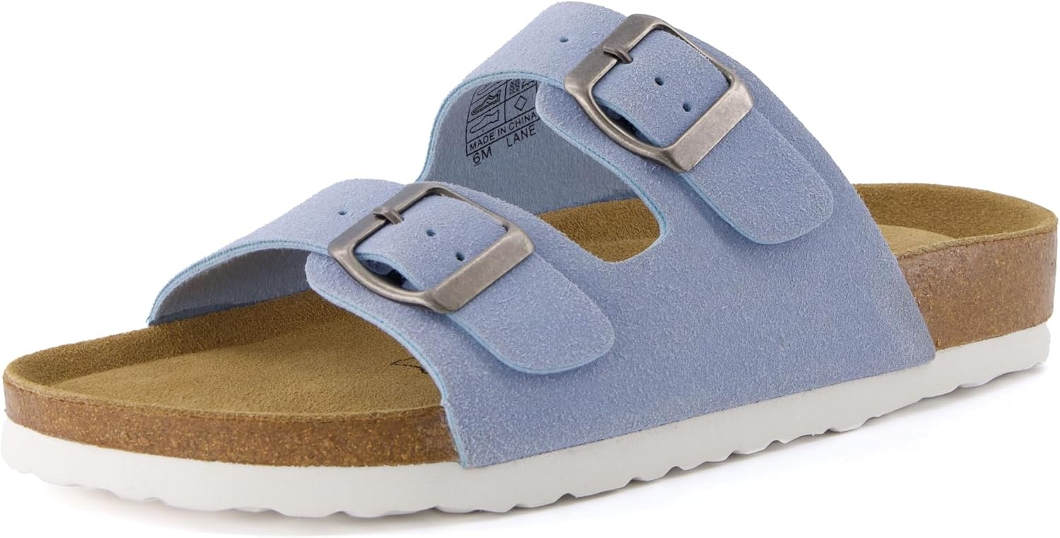 image:imageCUSHIONAIRE Lane Cork Footbed Womens Sandals Comfortable Double Buckle Slip On Sandals for Women with Arch Support and Classic Two Strap DesignLt Blue Vegan Suede