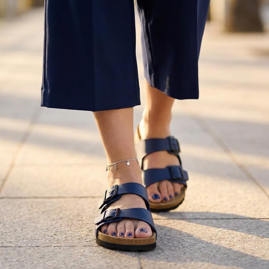 image:imageCUSHIONAIRE Lane Cork Footbed Womens Sandals Comfortable Double Buckle Slip On Sandals for Women with Arch Support and Classic Two Strap DesignNavy Nappa