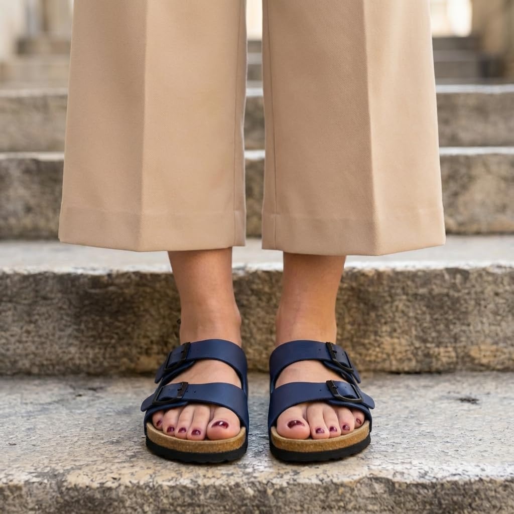 image:imageCUSHIONAIRE Lane Cork Footbed Womens Sandals Comfortable Double Buckle Slip On Sandals for Women with Arch Support and Classic Two Strap DesignNavy Nappa