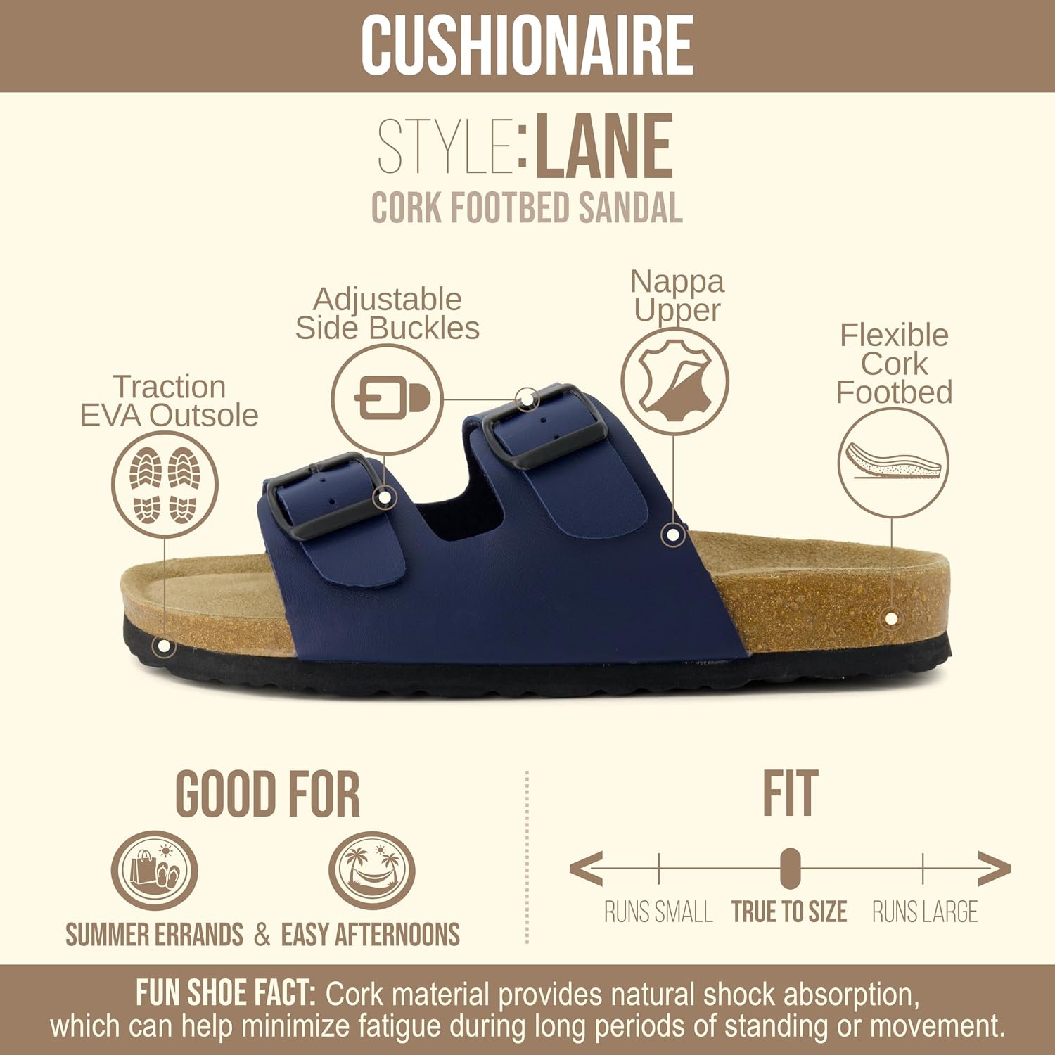 image:imageCUSHIONAIRE Lane Cork Footbed Womens Sandals Comfortable Double Buckle Slip On Sandals for Women with Arch Support and Classic Two Strap DesignNavy Nappa