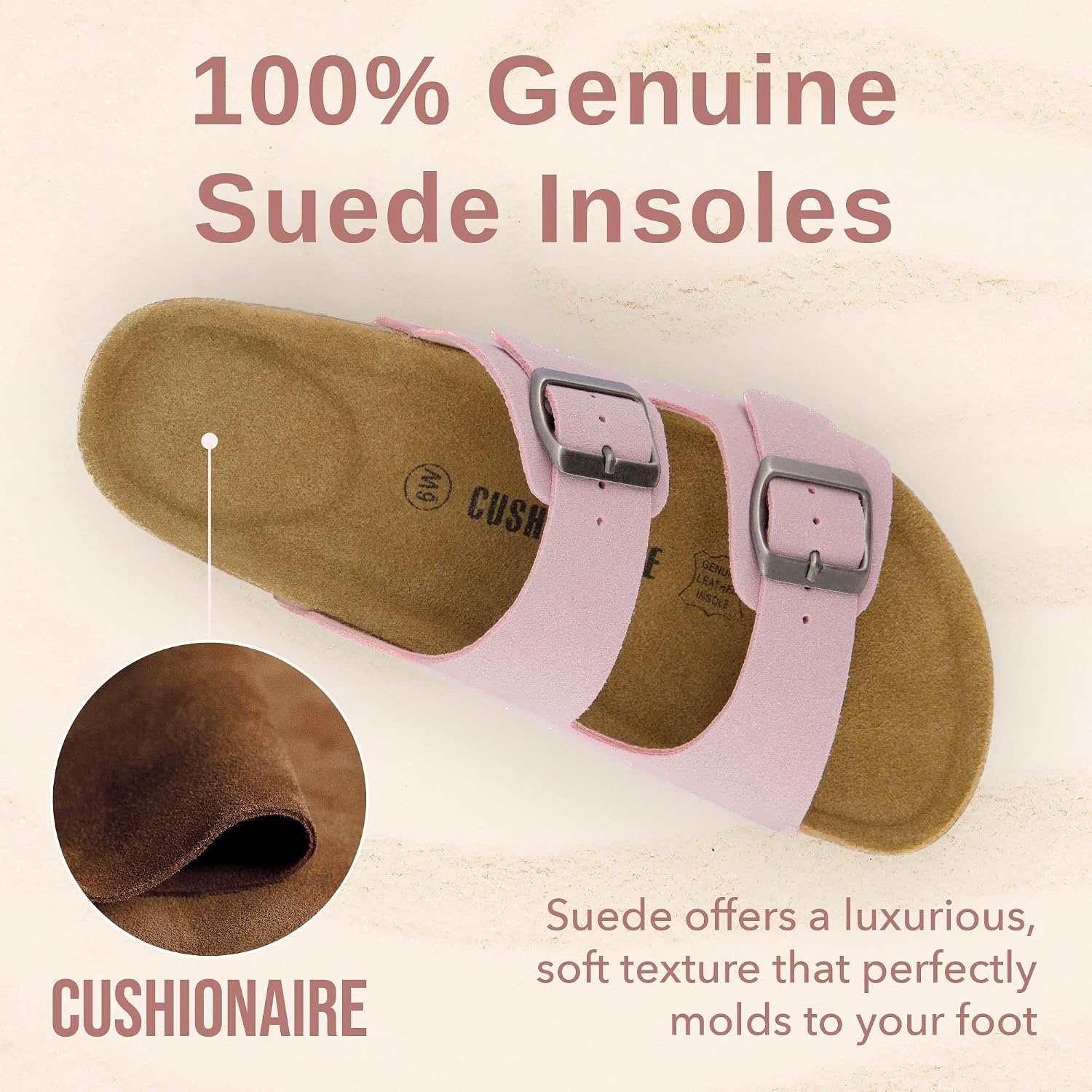 image:imageCUSHIONAIRE Lane Cork Footbed Womens Sandals Comfortable Double Buckle Slip On Sandals for Women with Arch Support and Classic Two Strap DesignPink Vegan Suede