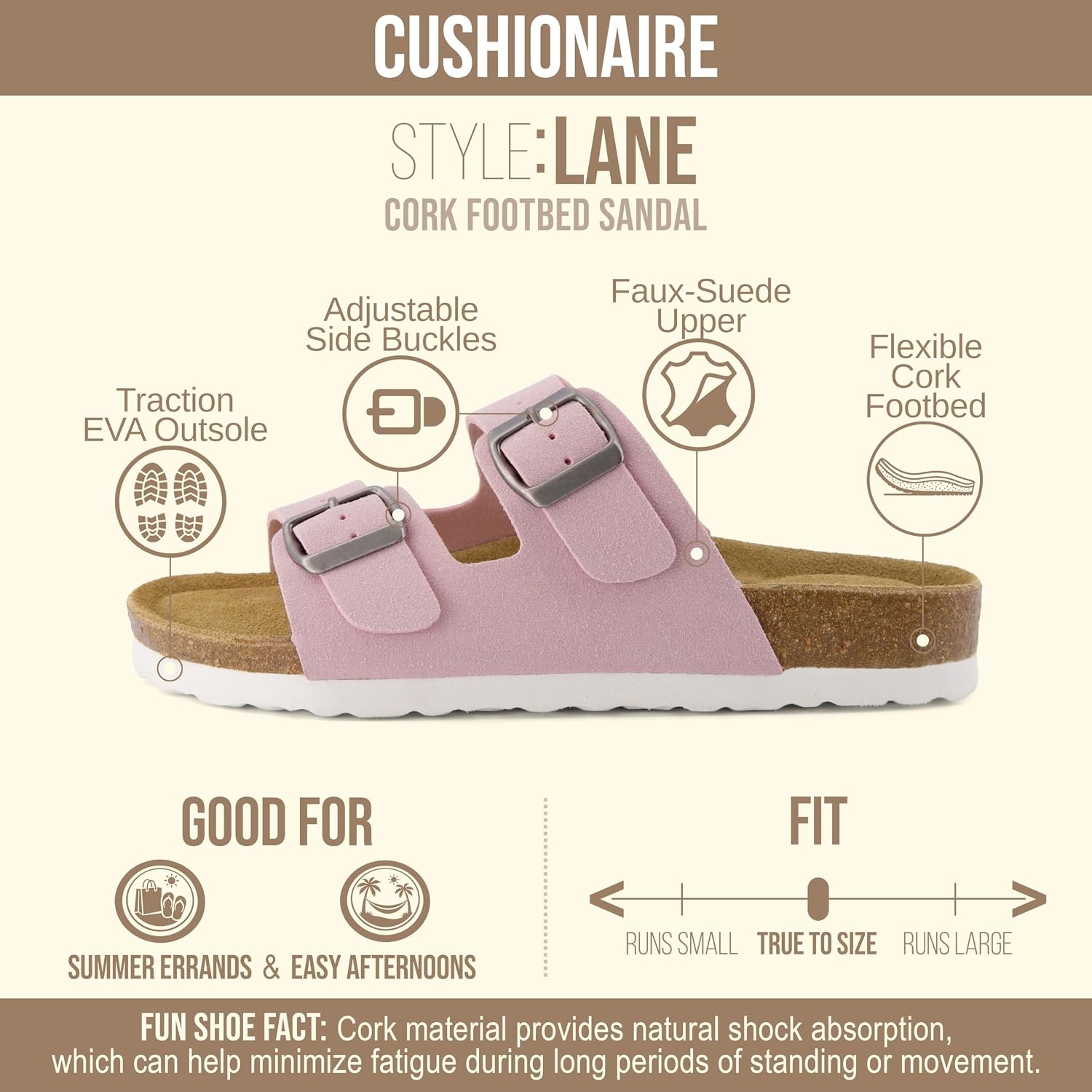 image:imageCUSHIONAIRE Lane Cork Footbed Womens Sandals Comfortable Double Buckle Slip On Sandals for Women with Arch Support and Classic Two Strap DesignPink Vegan Suede