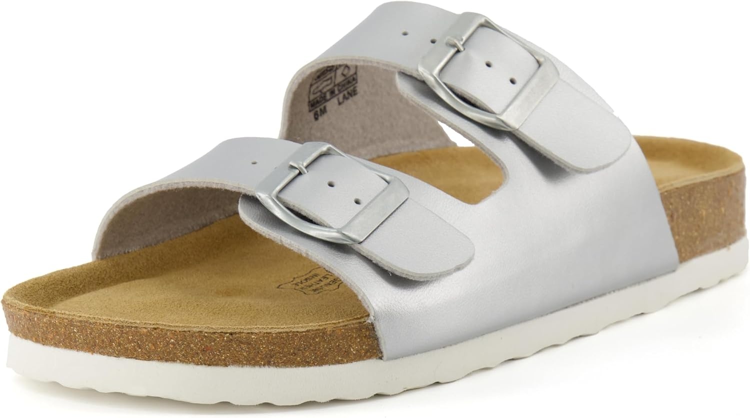 image:imageCUSHIONAIRE Lane Cork Footbed Womens Sandals Comfortable Double Buckle Slip On Sandals for Women with Arch Support and Classic Two Strap DesignSilver