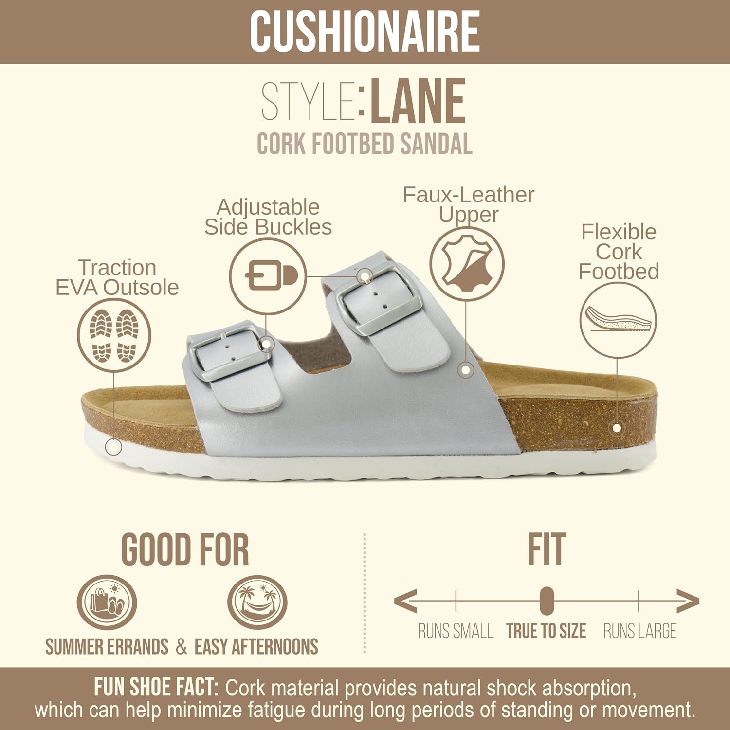 image:imageCUSHIONAIRE Lane Cork Footbed Womens Sandals Comfortable Double Buckle Slip On Sandals for Women with Arch Support and Classic Two Strap DesignSilver