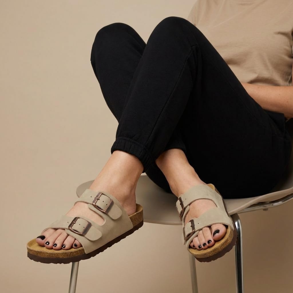 image:imageCUSHIONAIRE Lane Cork Footbed Womens Sandals Comfortable Double Buckle Slip On Sandals for Women with Arch Support and Classic Two Strap DesignStone
