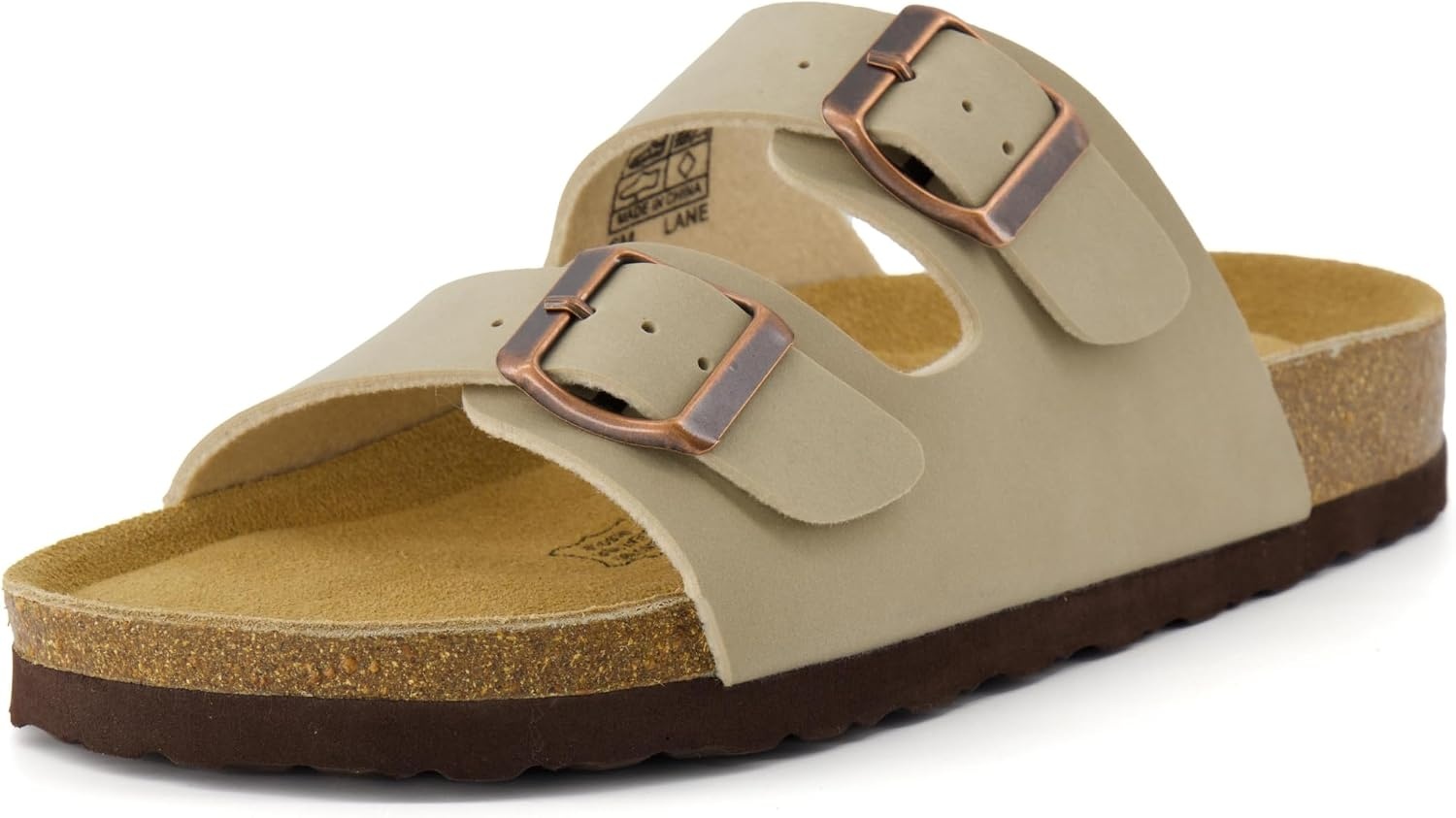 image:imageCUSHIONAIRE Lane Cork Footbed Womens Sandals Comfortable Double Buckle Slip On Sandals for Women with Arch Support and Classic Two Strap DesignStone