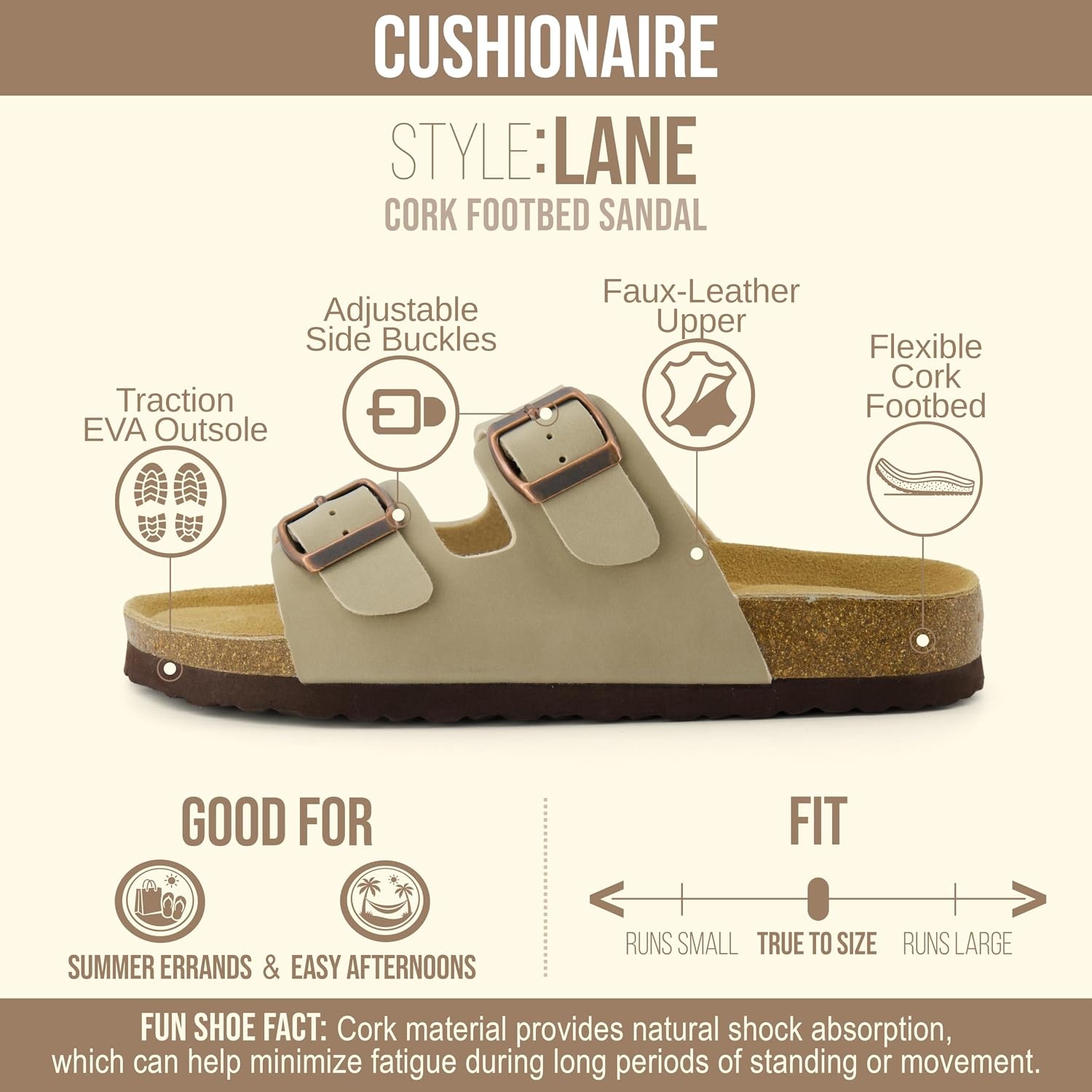 image:imageCUSHIONAIRE Lane Cork Footbed Womens Sandals Comfortable Double Buckle Slip On Sandals for Women with Arch Support and Classic Two Strap DesignStone