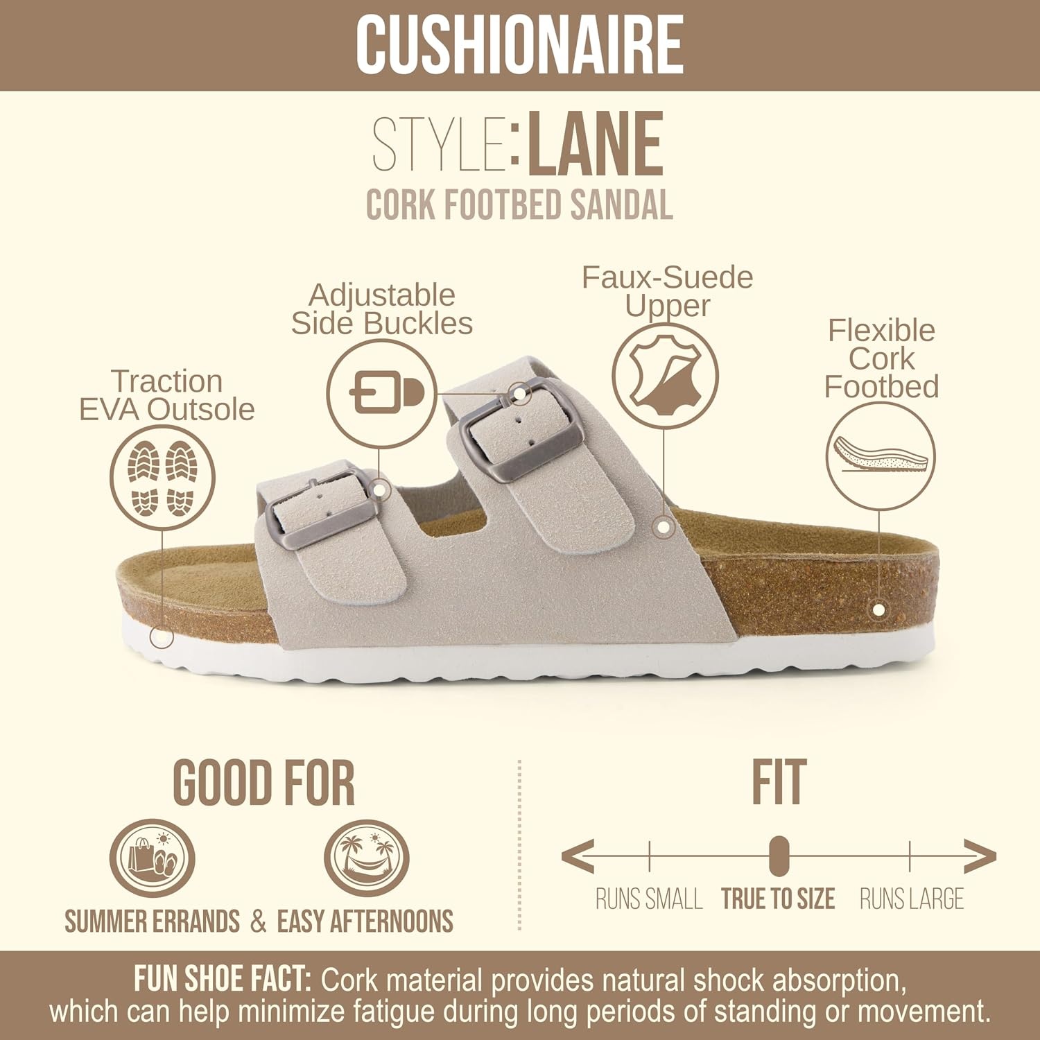 image:imageCUSHIONAIRE Lane Cork Footbed Womens Sandals Comfortable Double Buckle Slip On Sandals for Women with Arch Support and Classic Two Strap DesignStone Vegan Suede