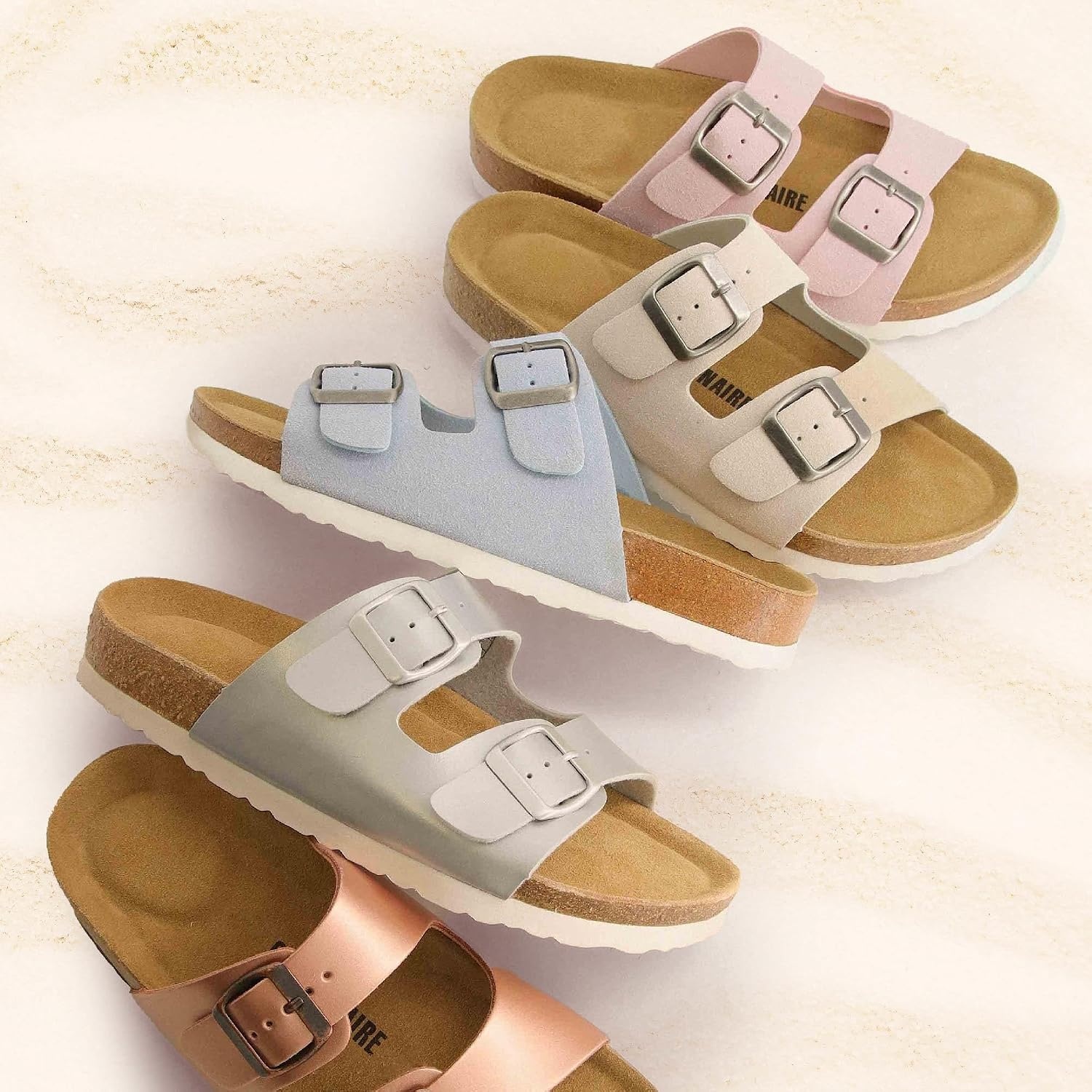 image:imageCUSHIONAIRE Lane Cork Footbed Womens Sandals Comfortable Double Buckle Slip On Sandals for Women with Arch Support and Classic Two Strap DesignStone Vegan Suede