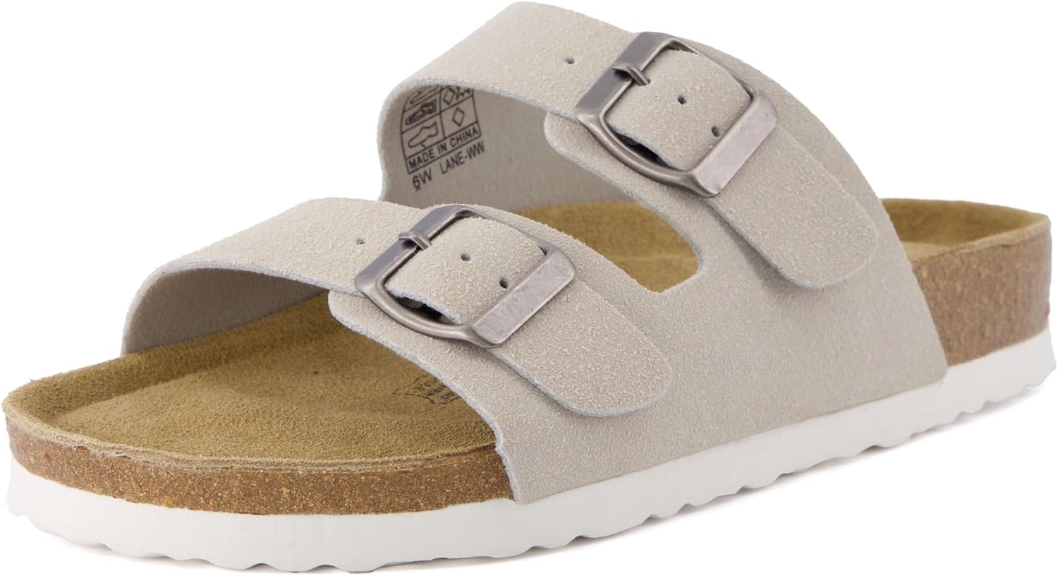 image:imageCUSHIONAIRE Lane Cork Footbed Womens Sandals Comfortable Double Buckle Slip On Sandals for Women with Arch Support and Classic Two Strap DesignStone Vegan Suede
