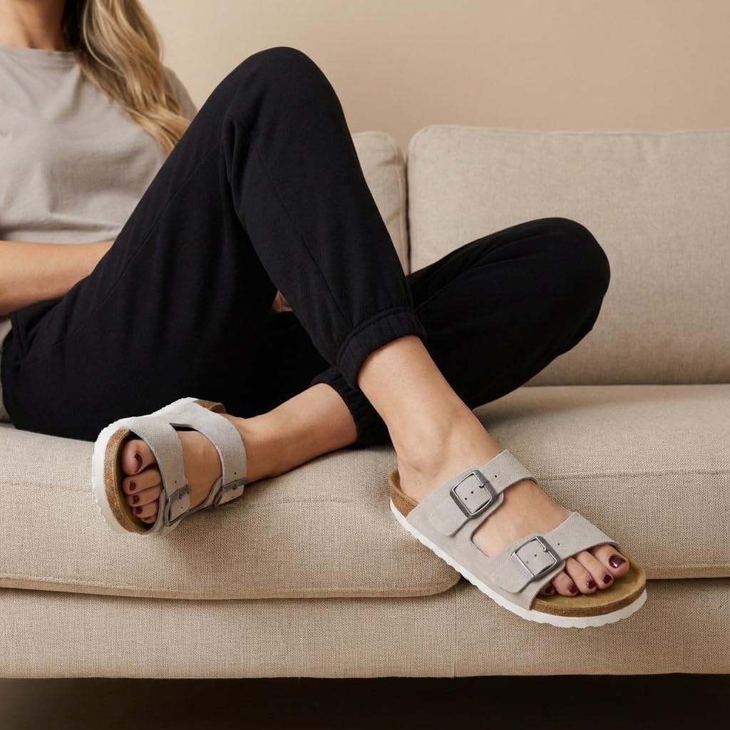 image:imageCUSHIONAIRE Lane Cork Footbed Womens Sandals Comfortable Double Buckle Slip On Sandals for Women with Arch Support and Classic Two Strap DesignStone Vegan Suede