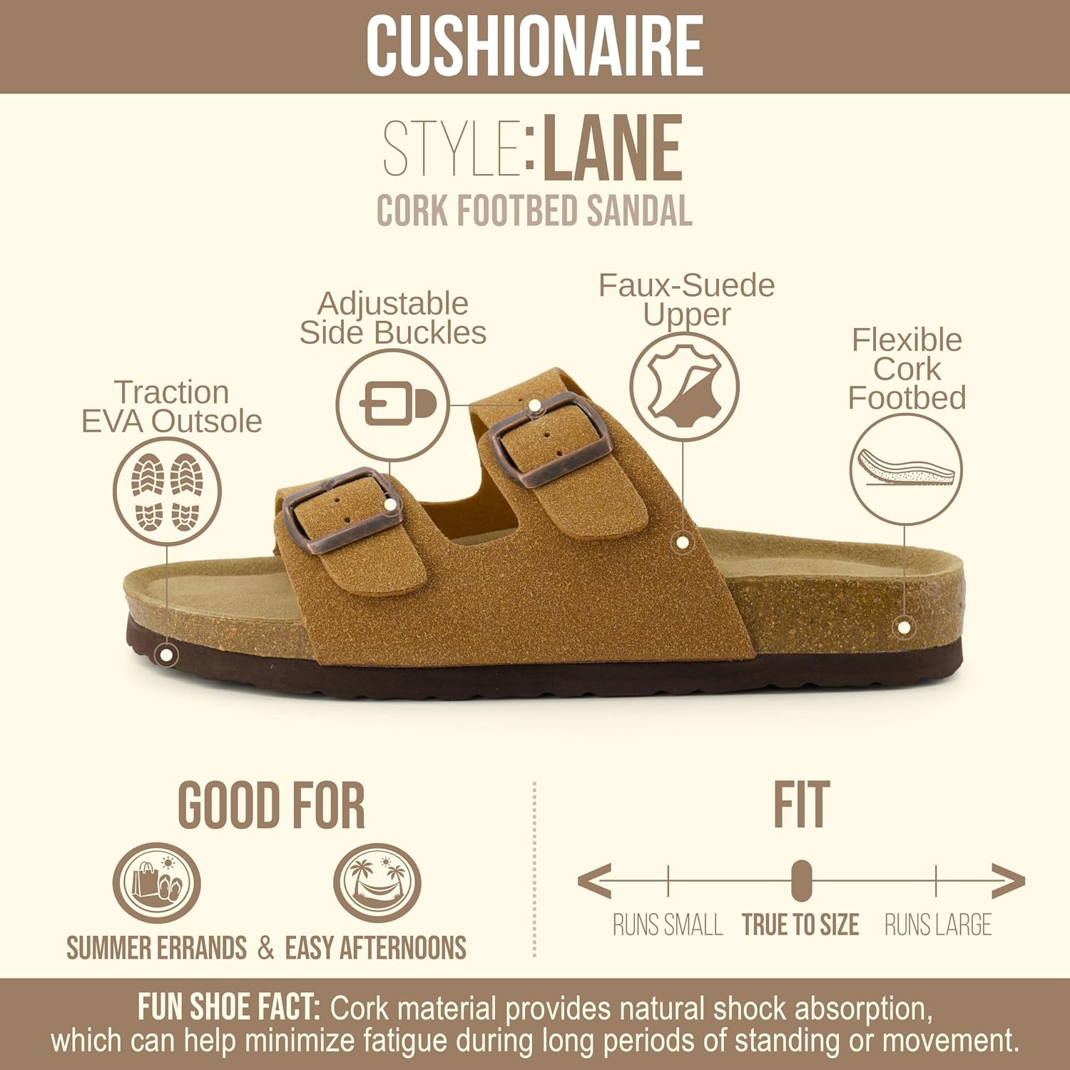 image:imageCUSHIONAIRE Lane Cork Footbed Womens Sandals Comfortable Double Buckle Slip On Sandals for Women with Arch Support and Classic Two Strap DesignTan Vegan Suede