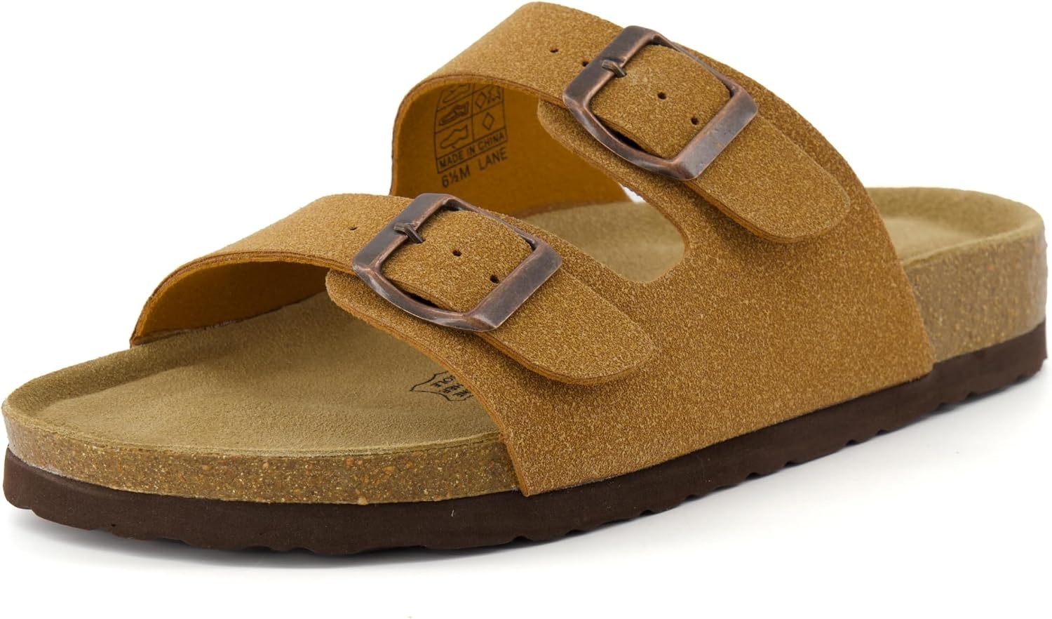 image:imageCUSHIONAIRE Lane Cork Footbed Womens Sandals Comfortable Double Buckle Slip On Sandals for Women with Arch Support and Classic Two Strap DesignTan Vegan Suede