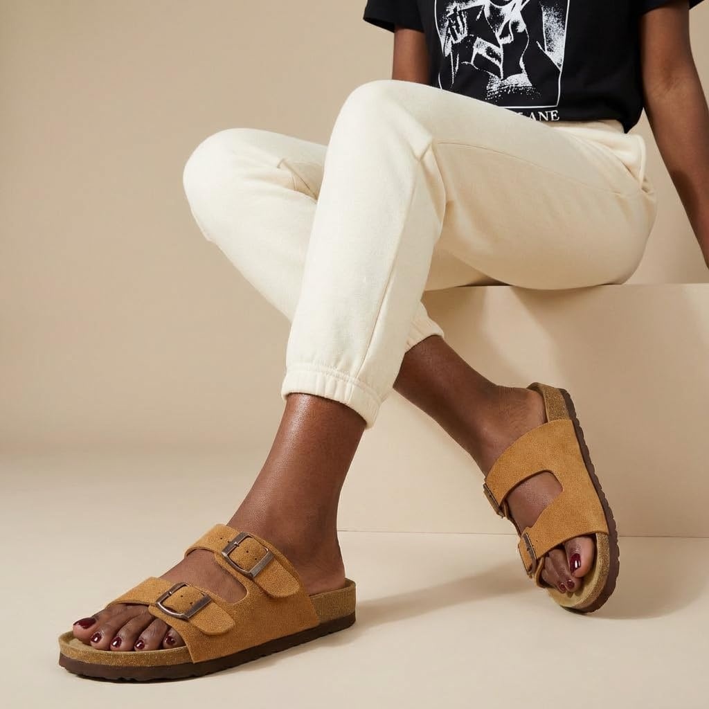 image:imageCUSHIONAIRE Lane Cork Footbed Womens Sandals Comfortable Double Buckle Slip On Sandals for Women with Arch Support and Classic Two Strap DesignTan Vegan Suede
