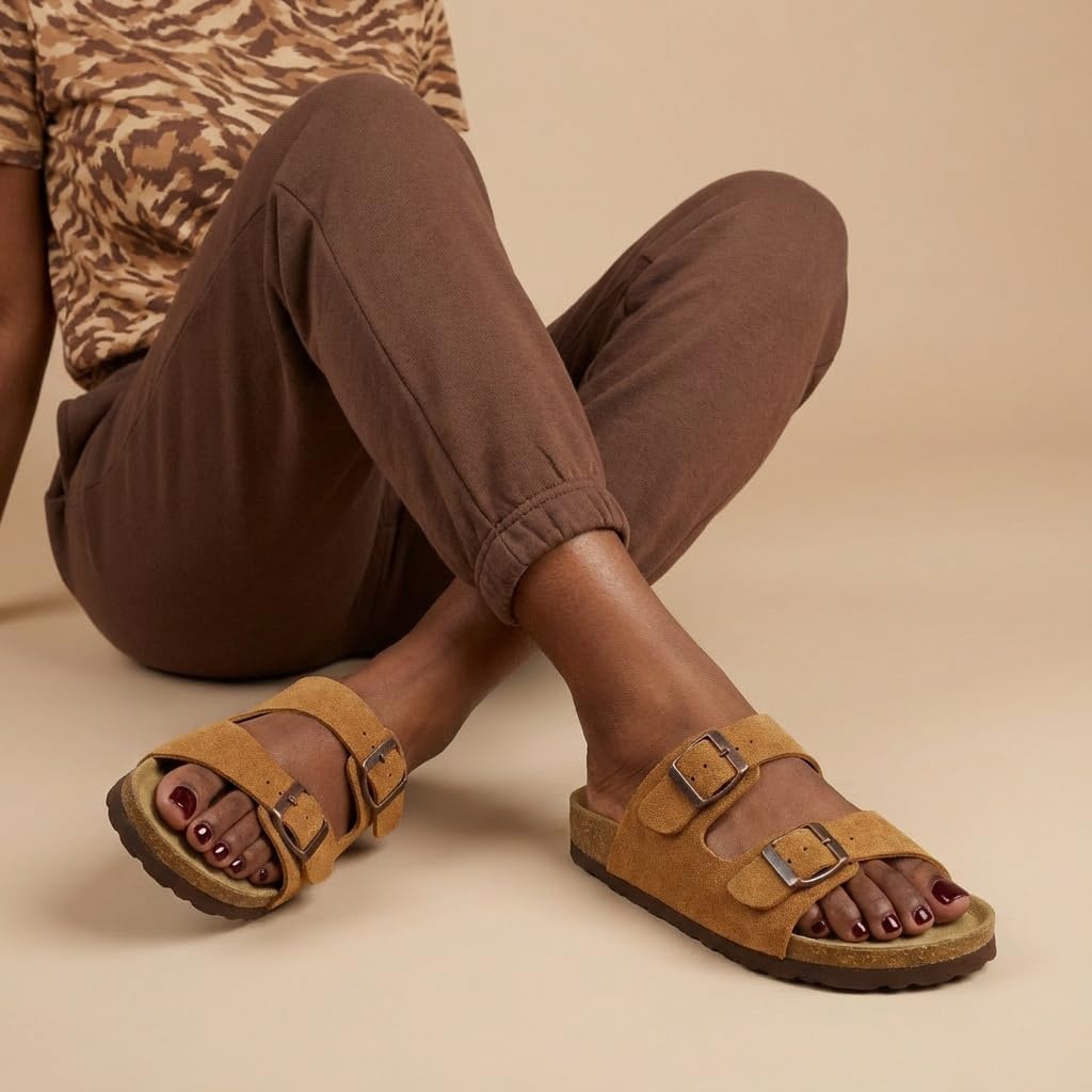 image:imageCUSHIONAIRE Lane Cork Footbed Womens Sandals Comfortable Double Buckle Slip On Sandals for Women with Arch Support and Classic Two Strap DesignTan Vegan Suede