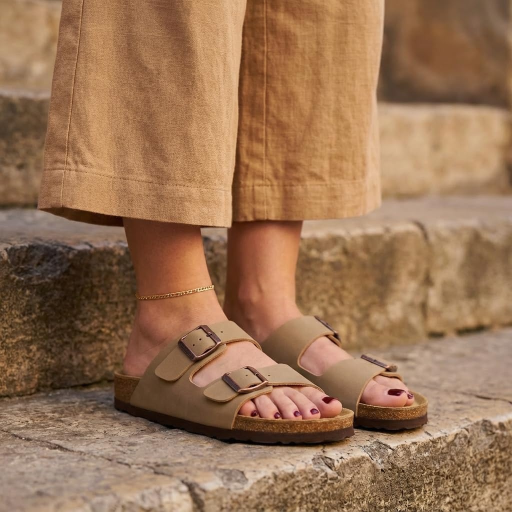 image:imageCUSHIONAIRE Lane Cork Footbed Womens Sandals Comfortable Double Buckle Slip On Sandals for Women with Arch Support and Classic Two Strap DesignTaupe