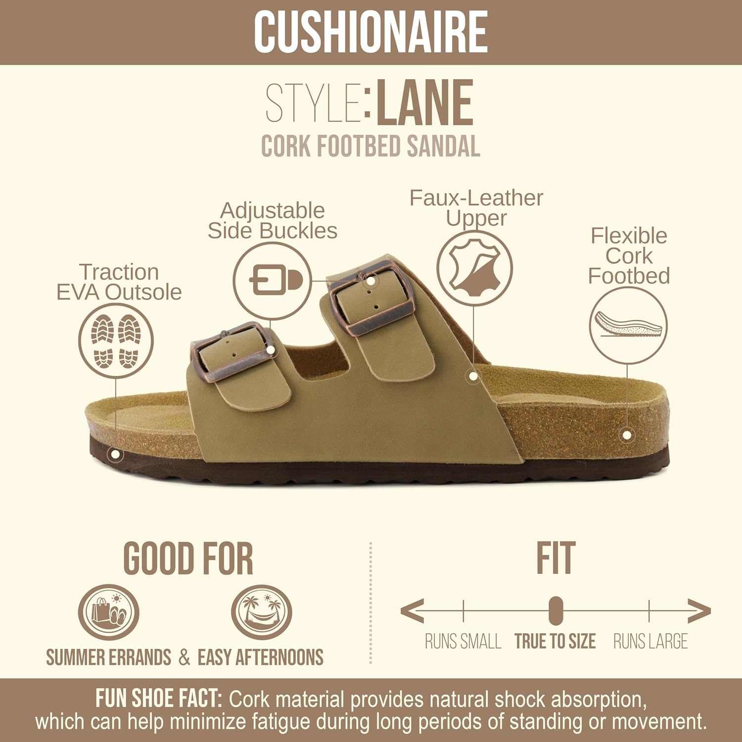 image:imageCUSHIONAIRE Lane Cork Footbed Womens Sandals Comfortable Double Buckle Slip On Sandals for Women with Arch Support and Classic Two Strap DesignTaupe