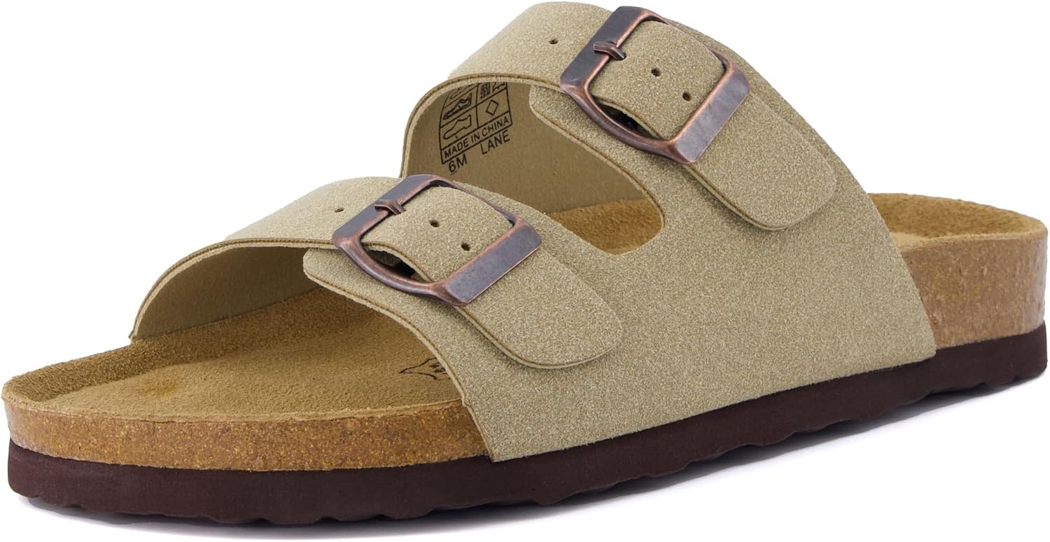 image:imageCUSHIONAIRE Lane Cork Footbed Womens Sandals Comfortable Double Buckle Slip On Sandals for Women with Arch Support and Classic Two Strap DesignTaupe Vegan Suede