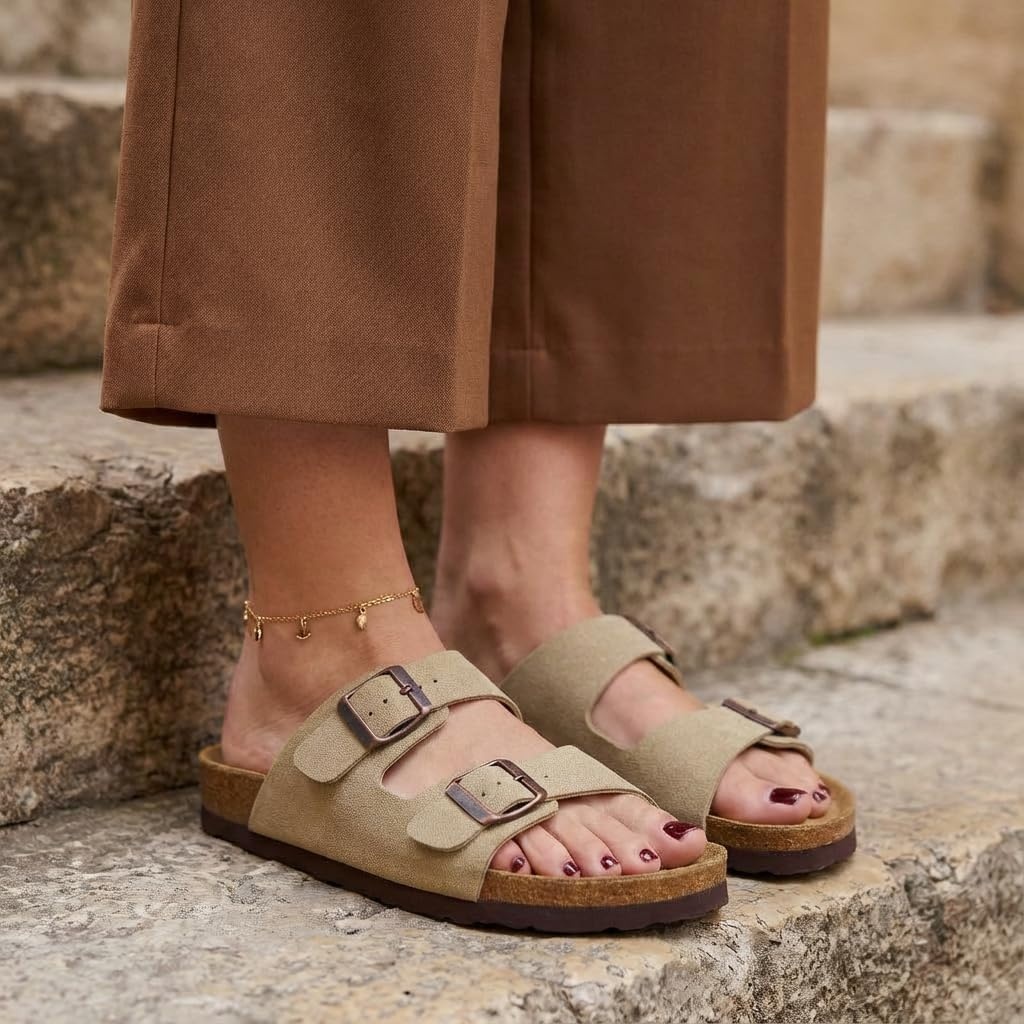 image:imageCUSHIONAIRE Lane Cork Footbed Womens Sandals Comfortable Double Buckle Slip On Sandals for Women with Arch Support and Classic Two Strap DesignTaupe Vegan Suede