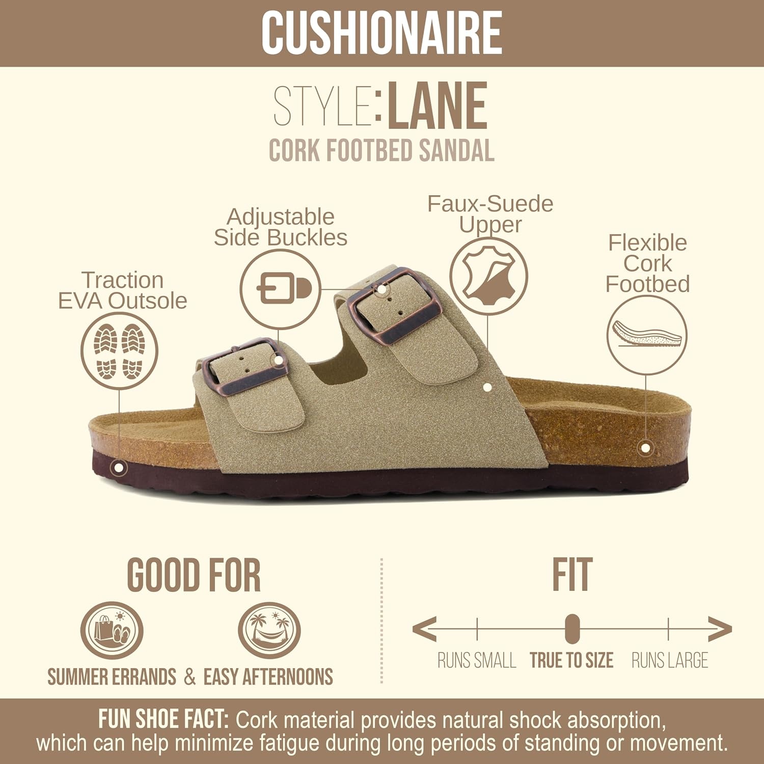 image:imageCUSHIONAIRE Lane Cork Footbed Womens Sandals Comfortable Double Buckle Slip On Sandals for Women with Arch Support and Classic Two Strap DesignTaupe Vegan Suede