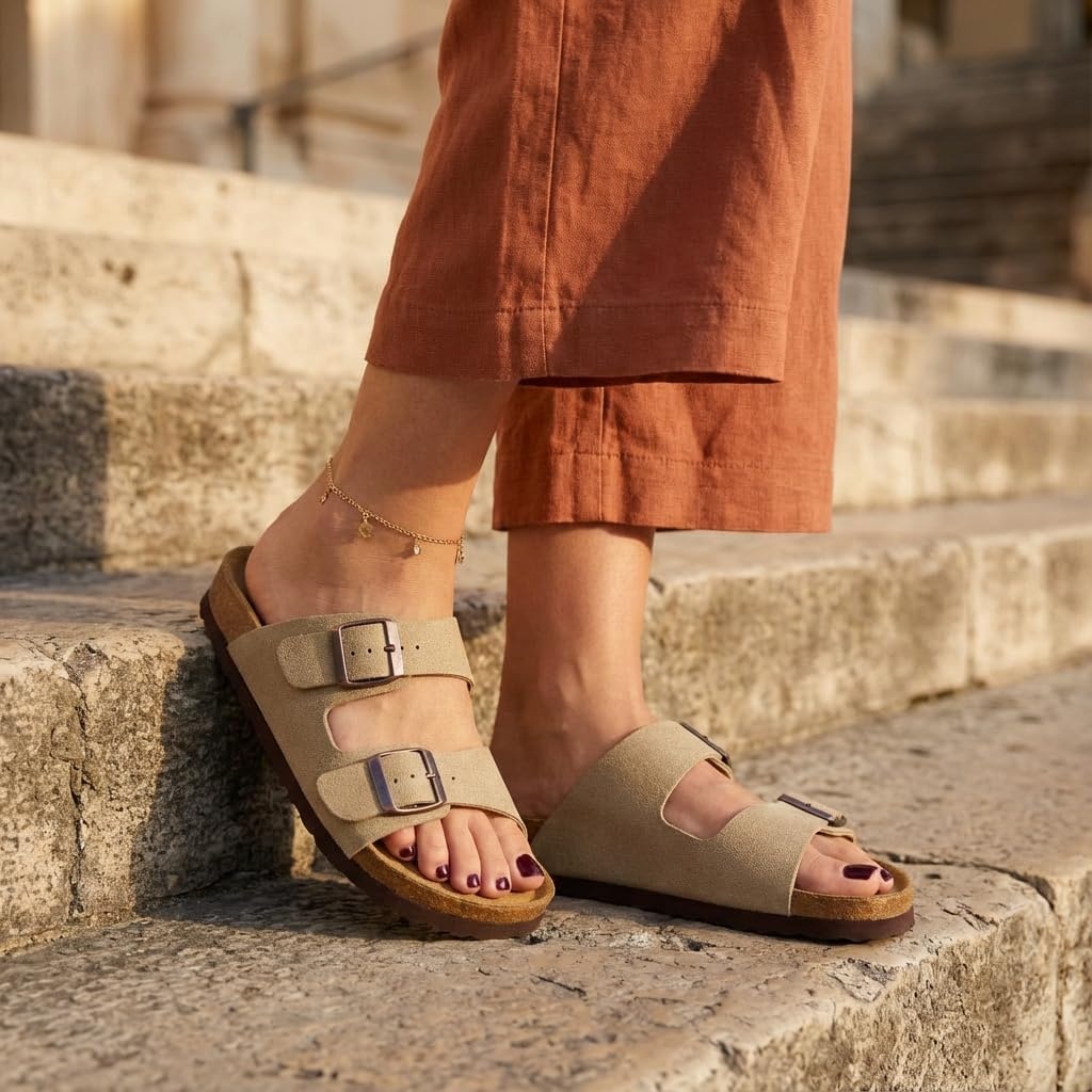 image:imageCUSHIONAIRE Lane Cork Footbed Womens Sandals Comfortable Double Buckle Slip On Sandals for Women with Arch Support and Classic Two Strap DesignTaupe Vegan Suede