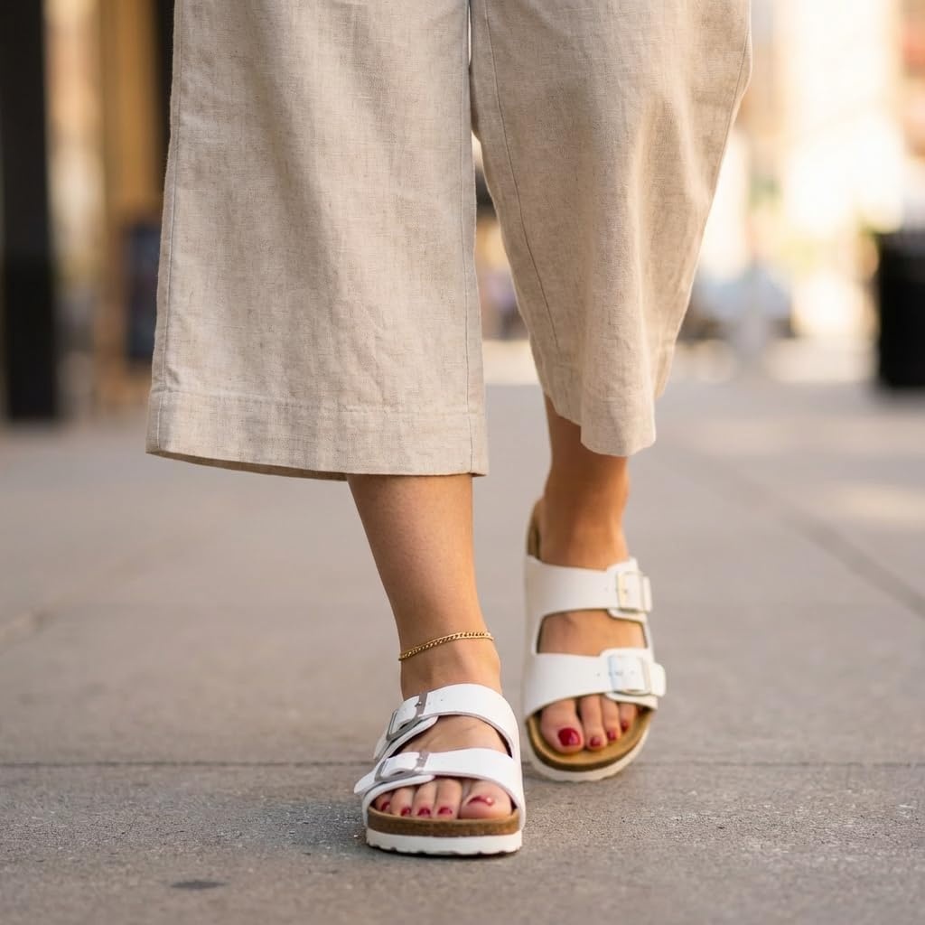 image:imageCUSHIONAIRE Lane Cork Footbed Womens Sandals Comfortable Double Buckle Slip On Sandals for Women with Arch Support and Classic Two Strap DesignWhite