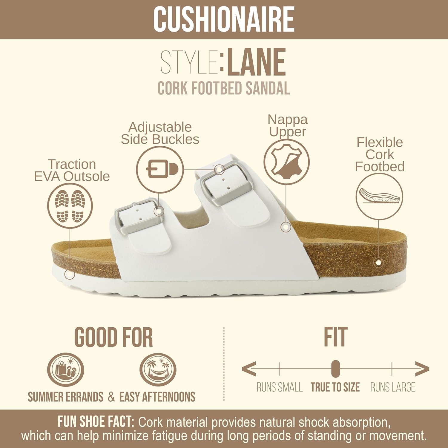 image:imageCUSHIONAIRE Lane Cork Footbed Womens Sandals Comfortable Double Buckle Slip On Sandals for Women with Arch Support and Classic Two Strap DesignWhite