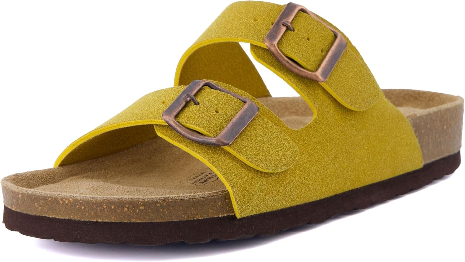 image:imageCUSHIONAIRE Lane Cork Footbed Womens Sandals Comfortable Double Buckle Slip On Sandals for Women with Arch Support and Classic Two Strap DesignYellow Vegan Suede
