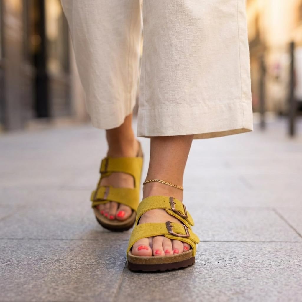 image:imageCUSHIONAIRE Lane Cork Footbed Womens Sandals Comfortable Double Buckle Slip On Sandals for Women with Arch Support and Classic Two Strap DesignYellow Vegan Suede