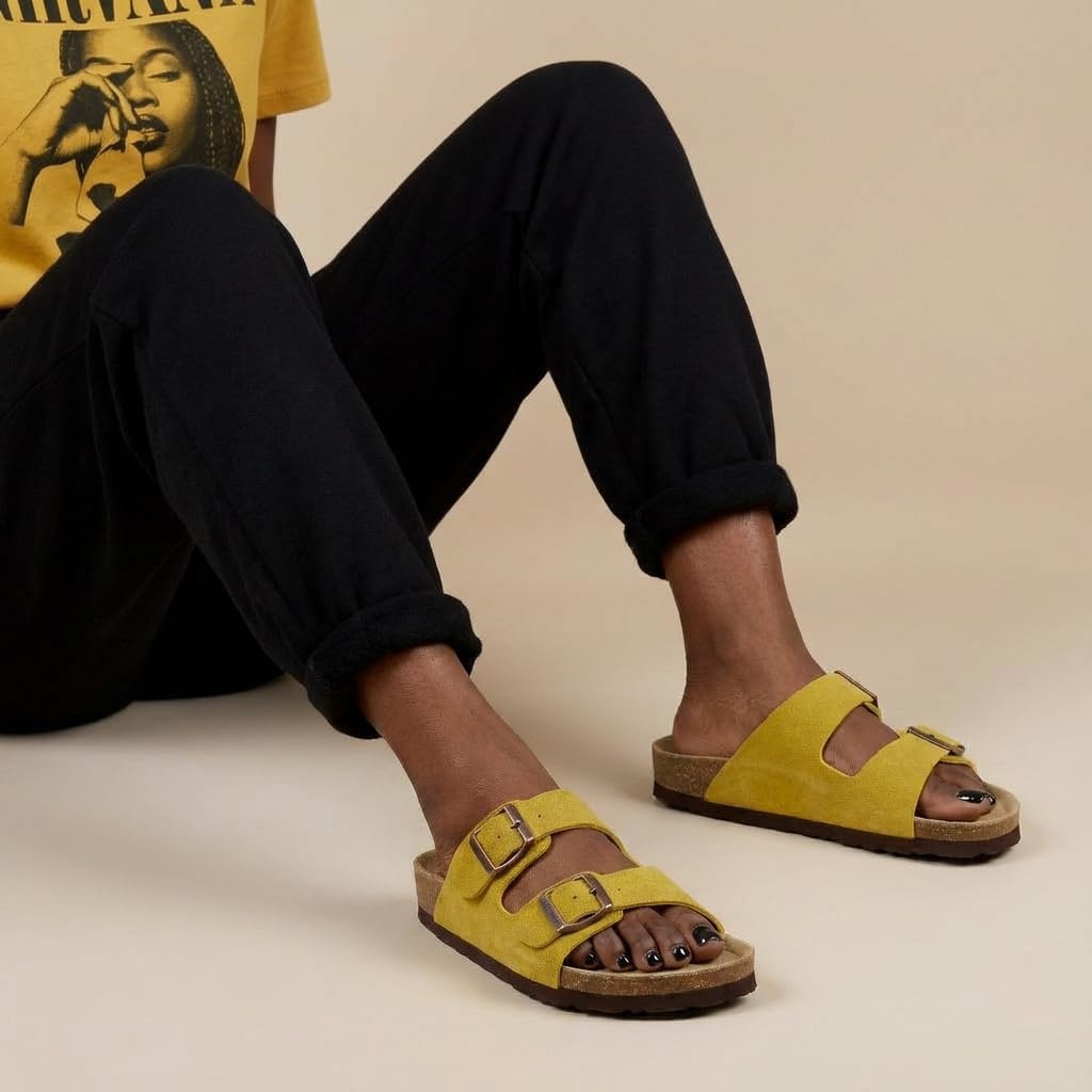 image:imageCUSHIONAIRE Lane Cork Footbed Womens Sandals Comfortable Double Buckle Slip On Sandals for Women with Arch Support and Classic Two Strap DesignYellow Vegan Suede